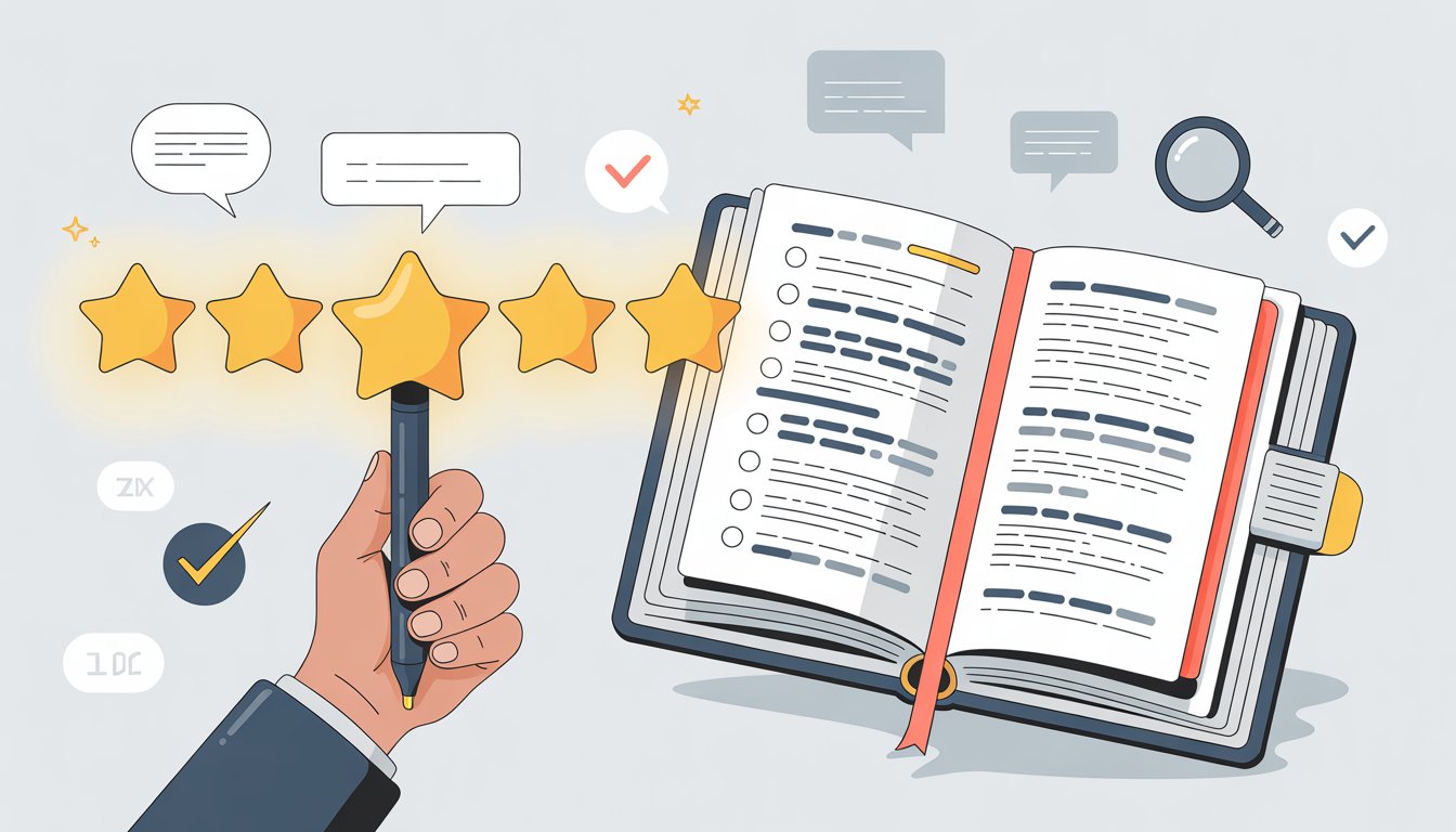 A person writing a detailed review on a tablet next to a glowing five-star rating icon, with icons of speech bubbles and magnifying glasses floating around.