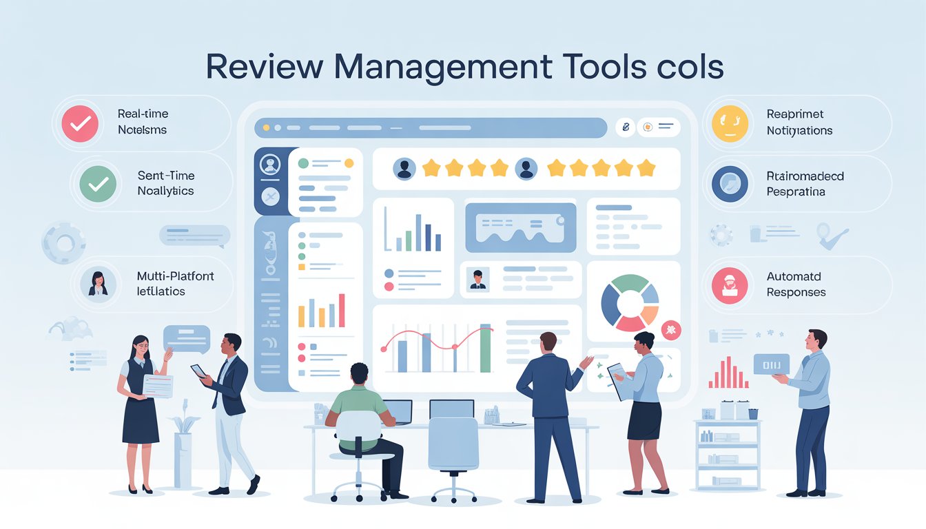 A group of professionals analyzing a digital dashboard with charts, star ratings, and feedback icons representing key features of review management tools.