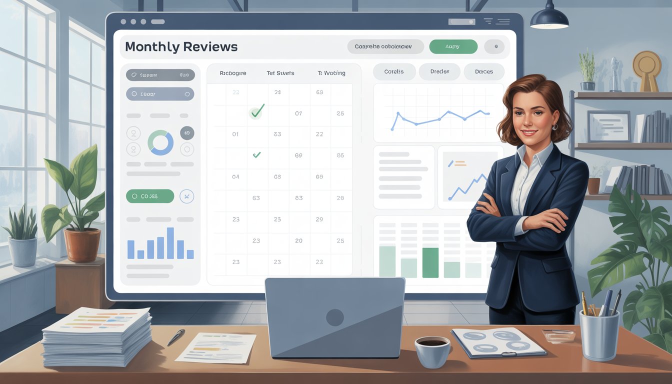 A businesswoman stands next to a digital dashboard showing charts and a calendar with marked review days in a modern office.