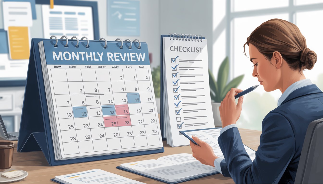 A person at an office desk reviewing a calendar and checklist, planning monthly review dates with office supplies nearby.