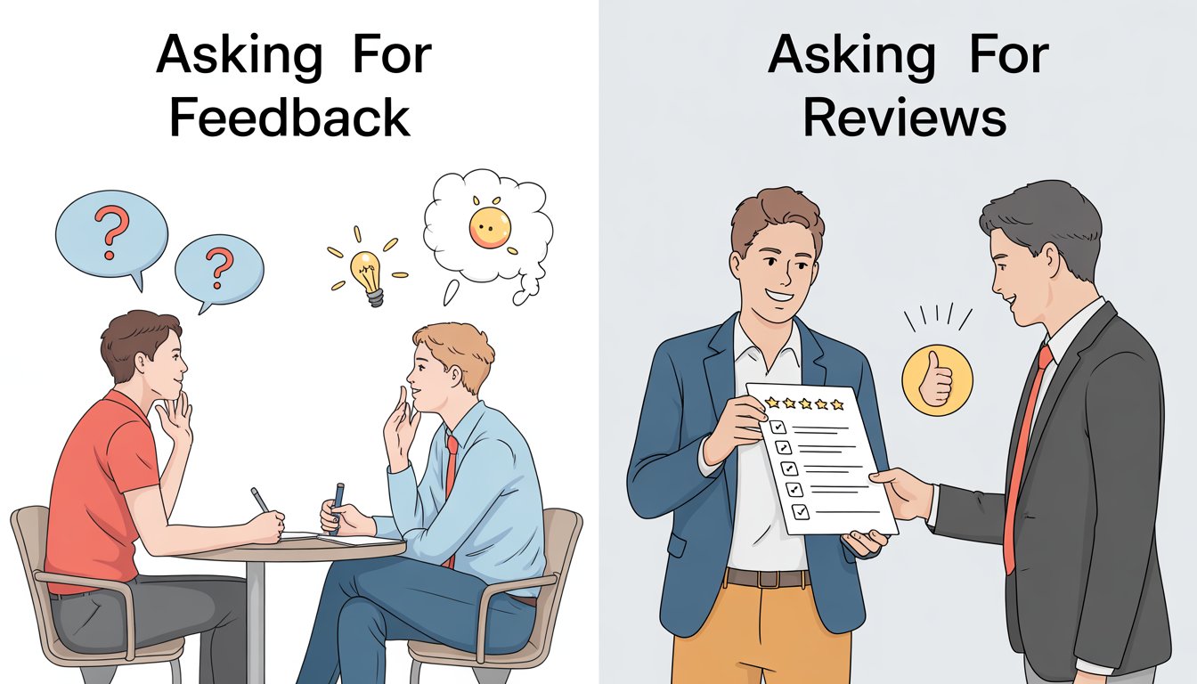 Two scenes side by side: one shows a person listening and taking notes while another speaks, and the other shows a person giving a checklist or star rating to someone who smiles and gives a thumbs-up.