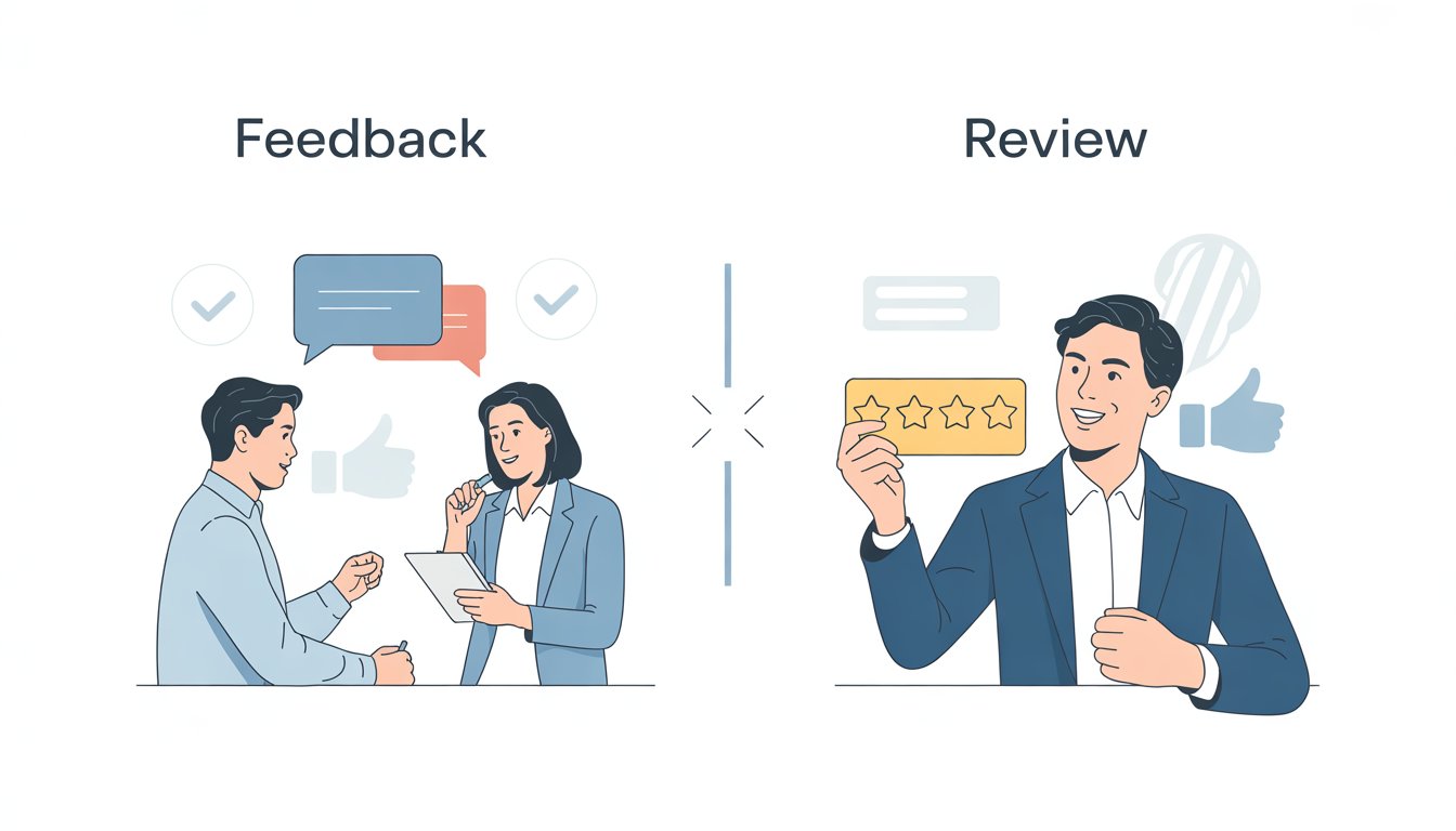 Two scenes side by side showing a person giving feedback by speaking and another person listening and taking notes on the left, and a person holding a star rating card on the right.