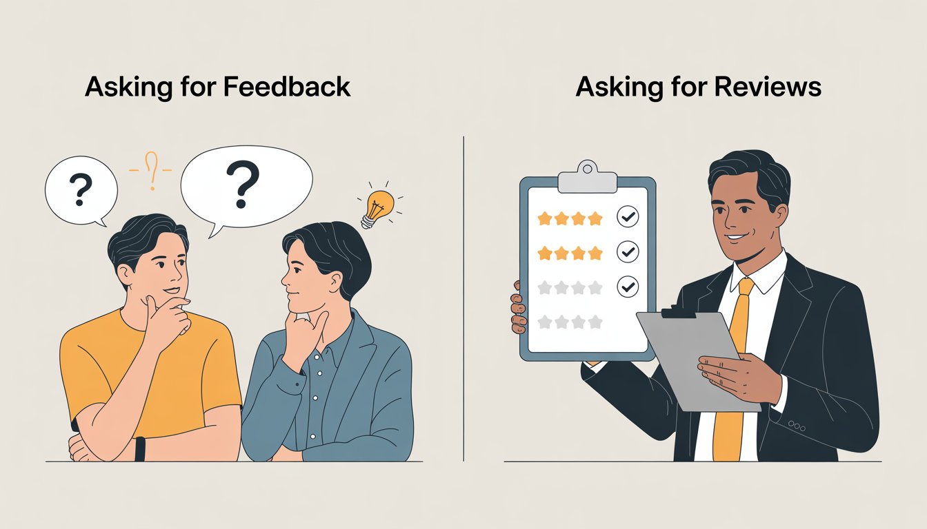 Two people engaging in a conversation on one side and a person holding a device with star ratings on the other, representing the difference between asking for feedback and asking for reviews.