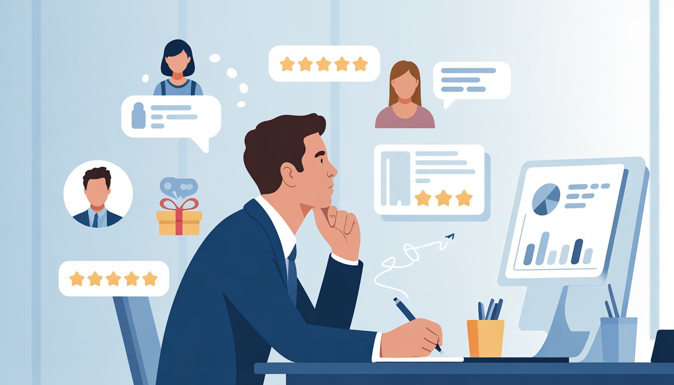A business owner sitting at a desk surrounded by icons of customer reviews and rewards, thinking about incentivizing feedback.
