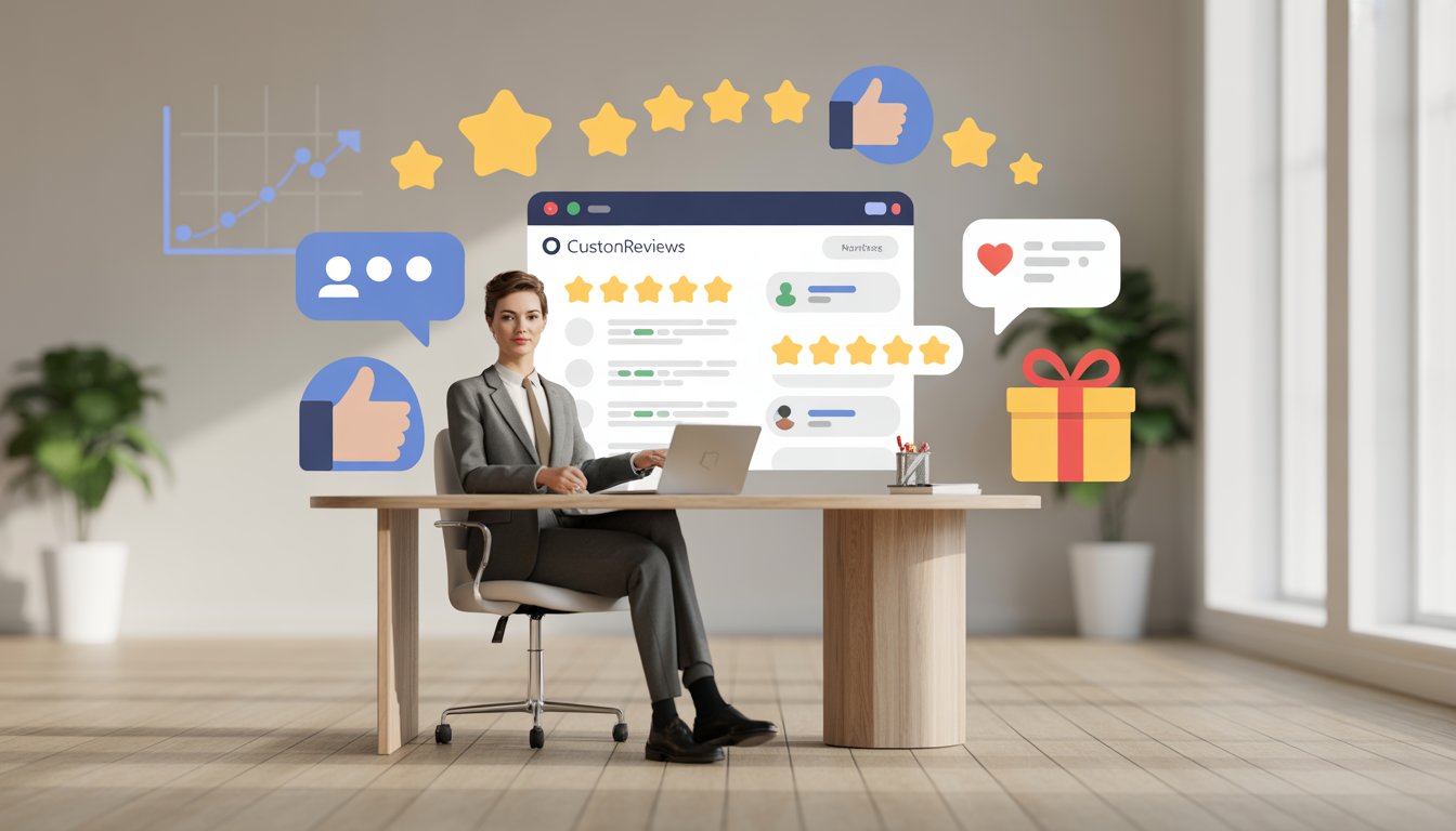 A business professional at a desk with a laptop showing customer reviews, surrounded by icons of stars, chat bubbles, and gift boxes, with a chart in the background indicating positive feedback trends.