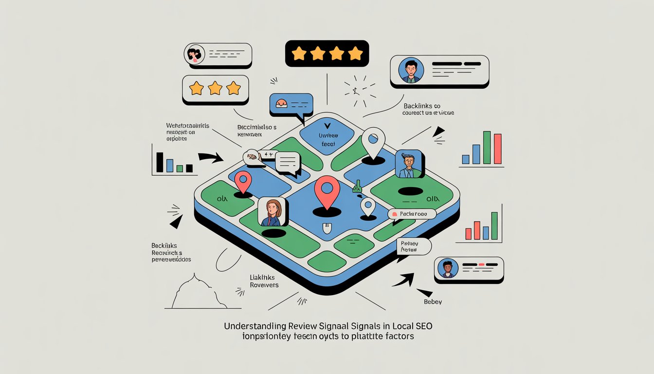 An illustration showing a local map with icons for reviews, star ratings, and user feedback connected by arrows to other local SEO elements like location pins and website rankings.