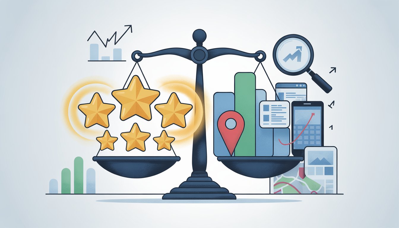 A balanced scale comparing star-shaped review icons on one side with location pins, website pages, and map markers on the other, surrounded by charts and arrows representing local SEO ranking factors.