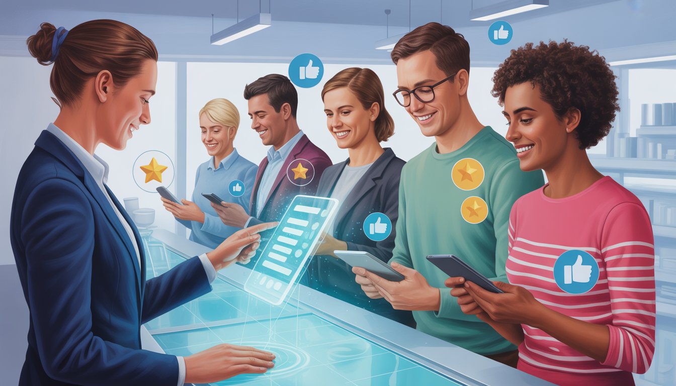 A group of diverse customers interacting with futuristic digital devices and a customer service representative in a modern setting, showing a smooth and friendly review process.