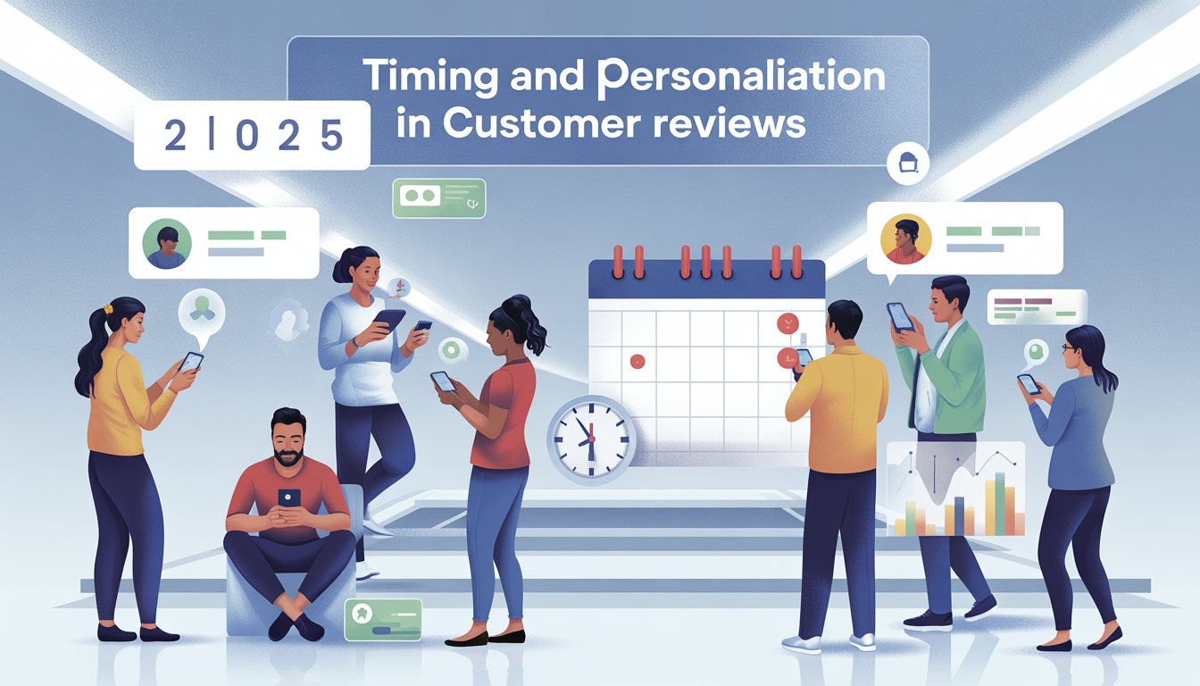 A group of diverse people using digital devices receiving personalized review requests with a calendar and clock in the background symbolizing timing.