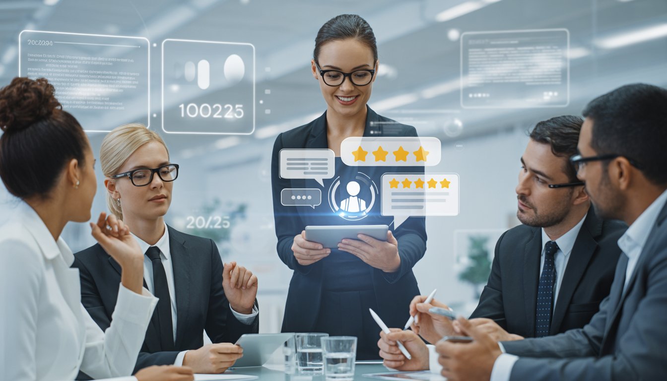 A group of business professionals in a modern office discussing customer reviews displayed on a tablet with futuristic digital screens in the background.