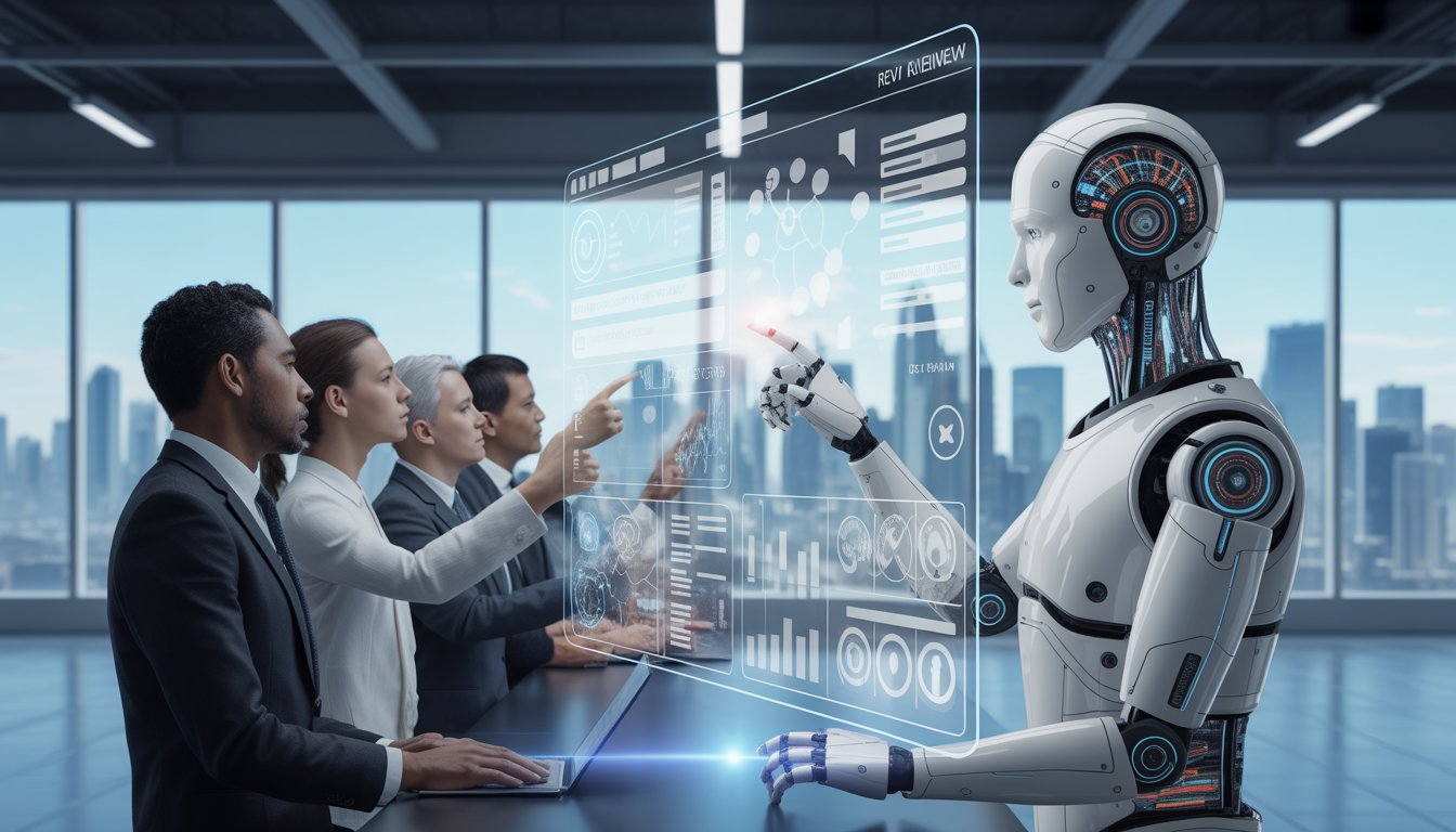 A group of people and a humanoid robot working together at a digital interface displaying data and charts in a futuristic control room.