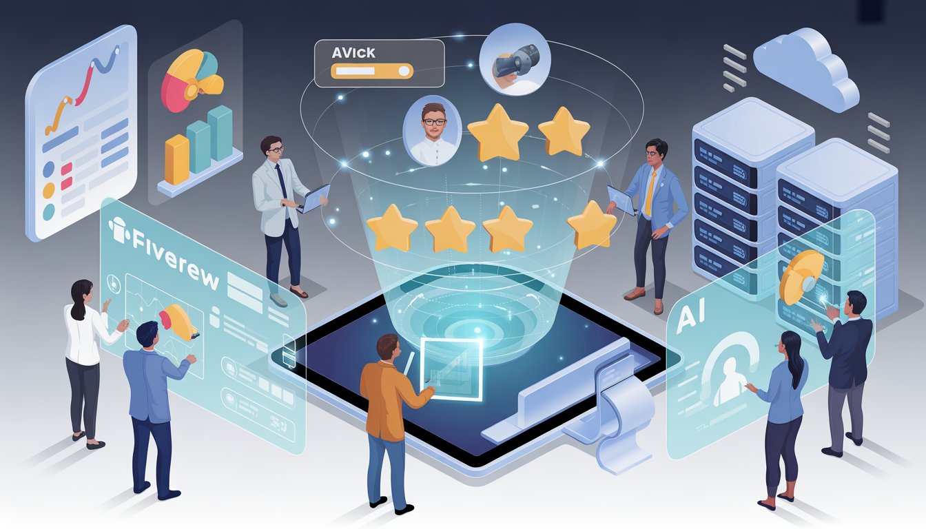 A group of professionals interacting with futuristic digital interfaces showing review ratings, analytics, and AI insights in a modern office setting.