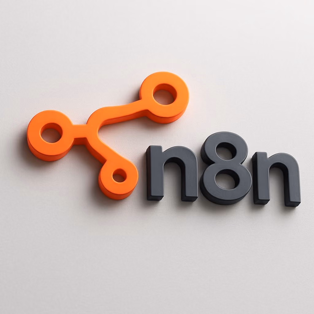 Logotipo em 3D do n8n, com símbolos laranja conectados e letras cinza escuras.