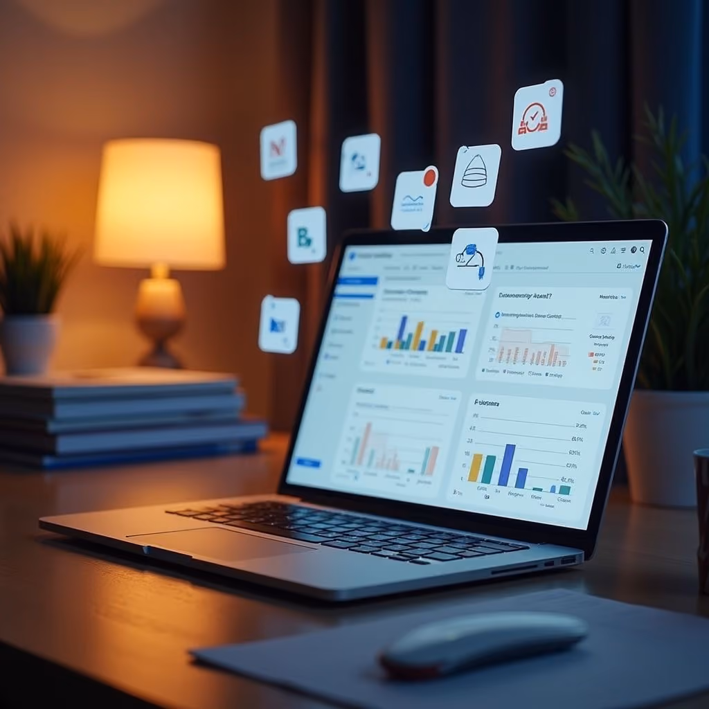 Laptop on desk showing data charts with floating icons, lamp and plants in a dim room.
