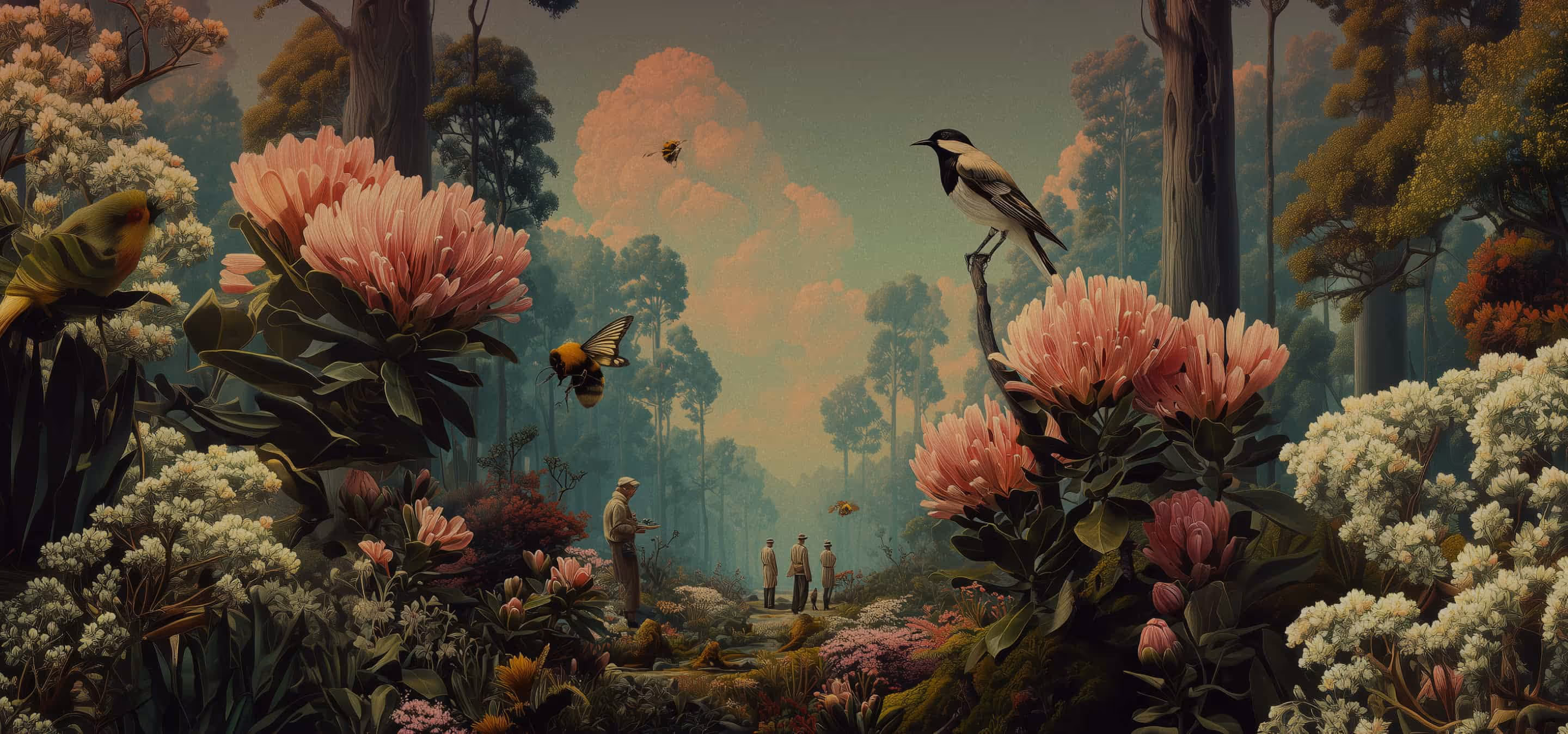 Lush forest with large pink flowers, birds, bees, and four people walking on a misty path.