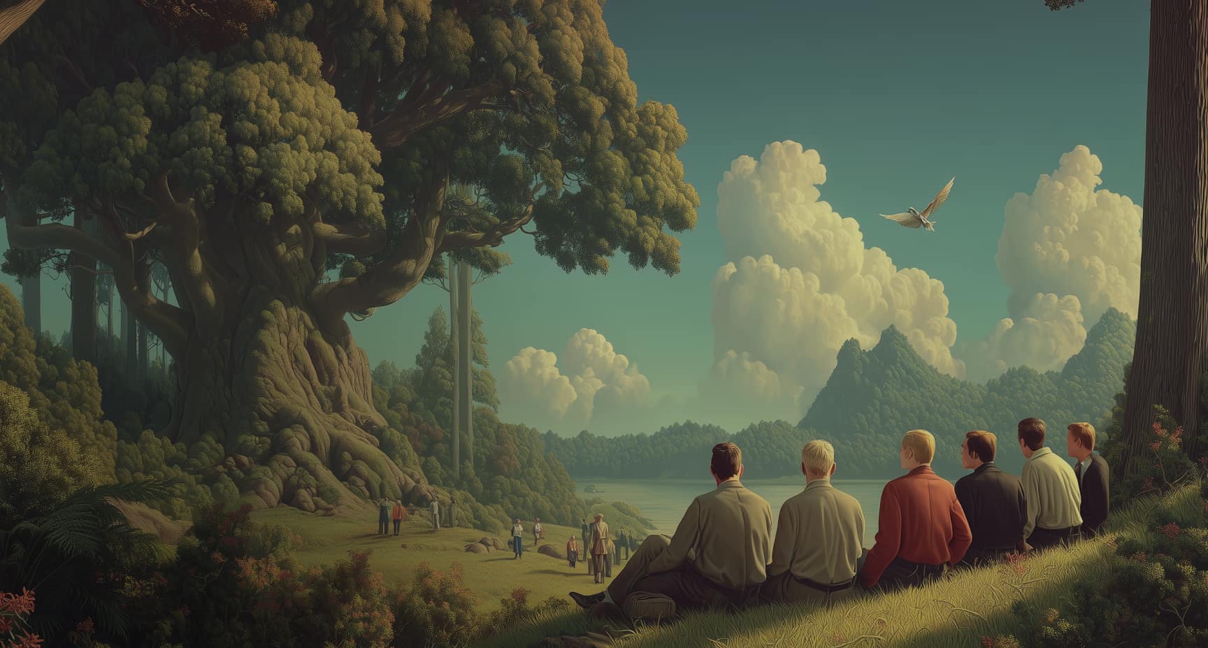People sit and stand near a giant tree by a lake with mountains and clouds in the background.
