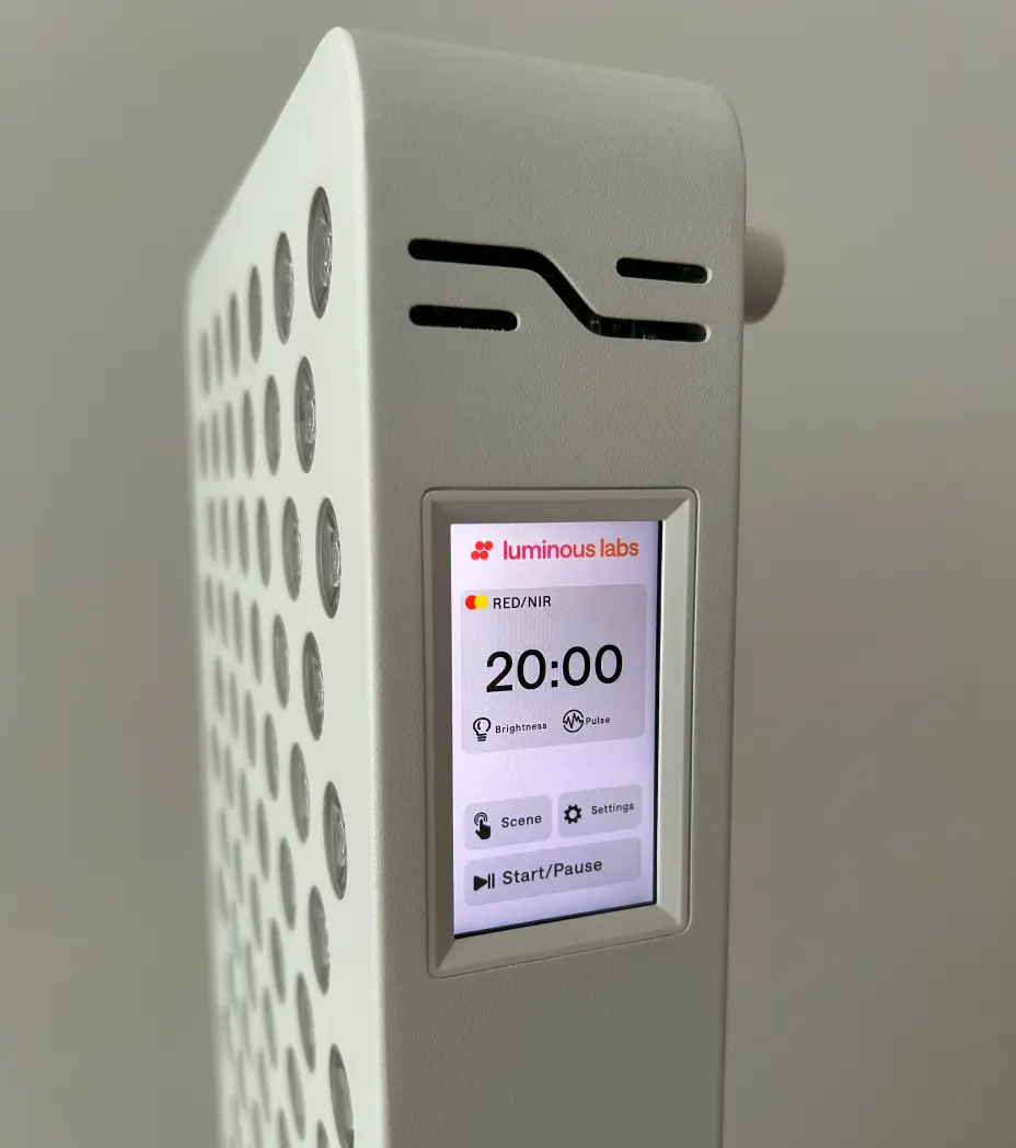 Luminous Labs light therapy device with digital display showing 20:00