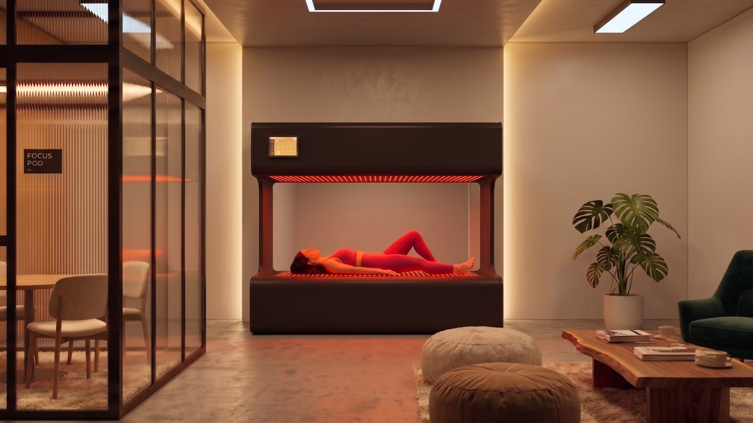 Woman in red workout clothes reclines inside a modern wellness pod emitting red light.