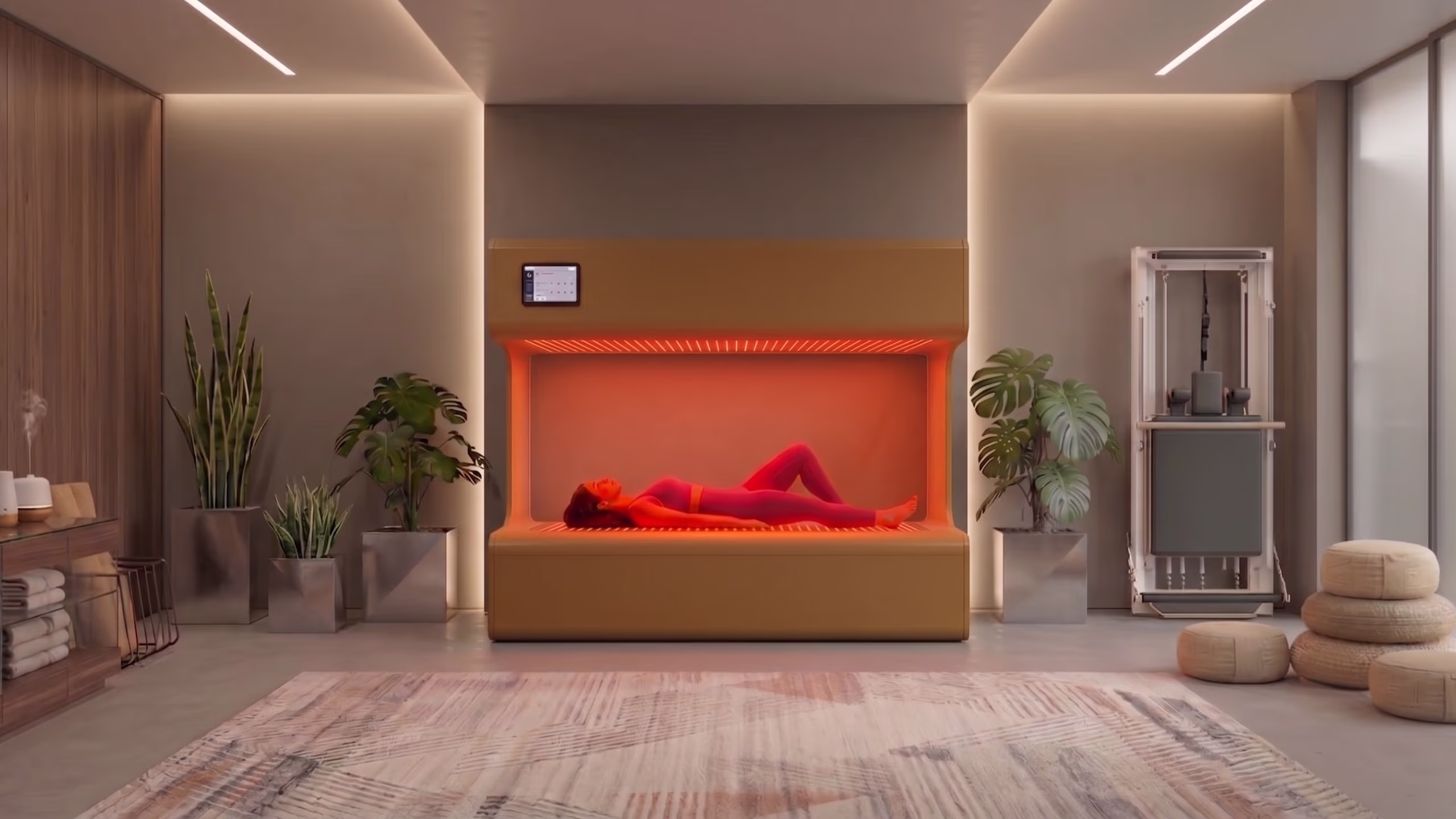 Woman in red workout clothes lying inside a modern infrared sauna pod in a sleek room.