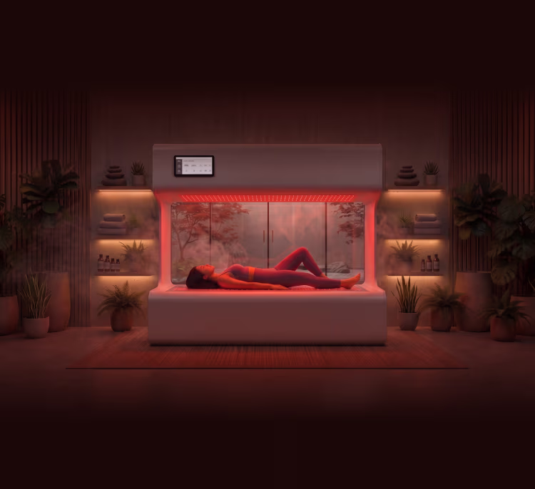 Person lying inside a futuristic wellness pod with red light in a serene, plant-filled room.