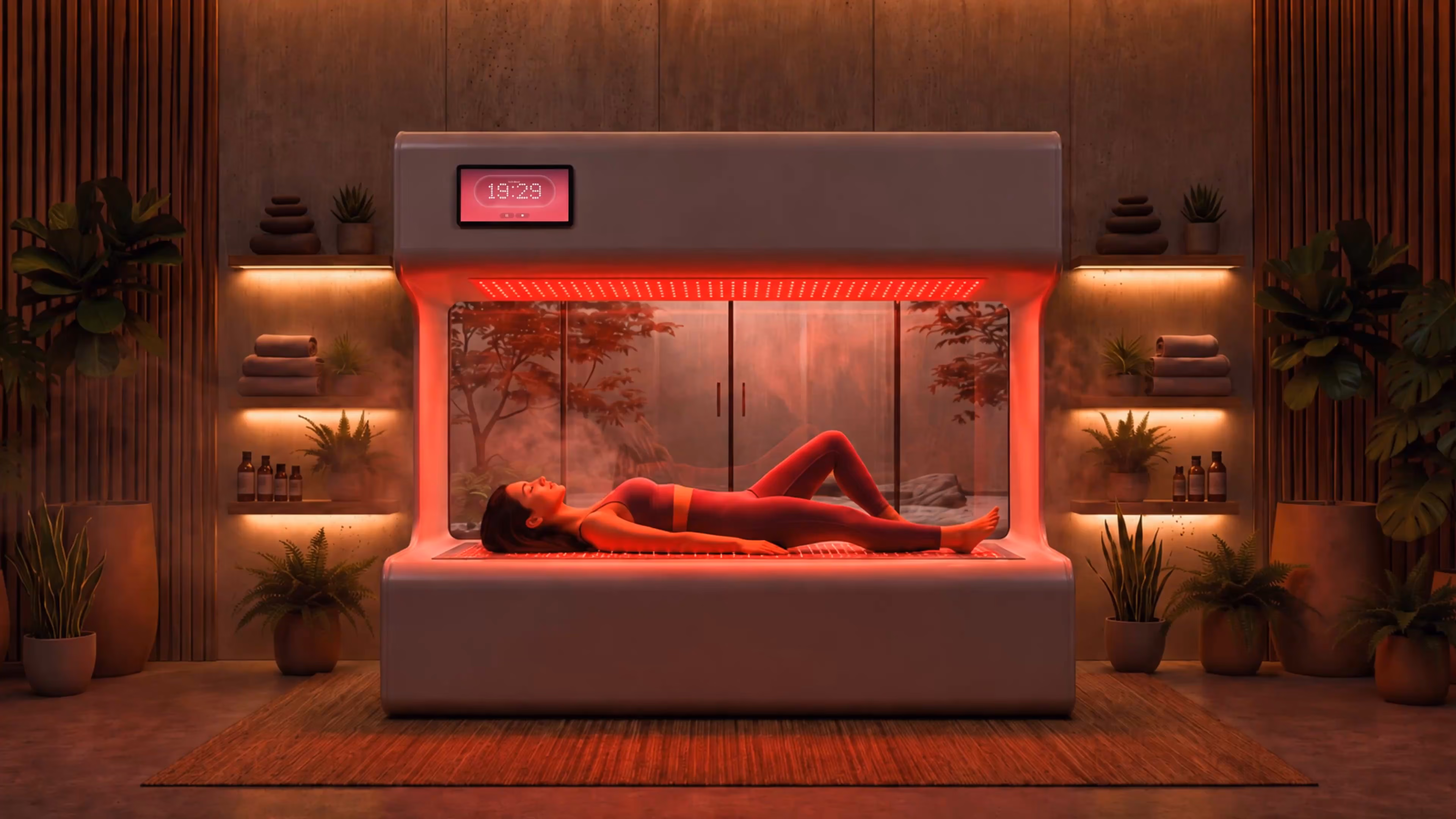 Woman in pink activewear lying inside a futuristic wellness pod with red light and plants around.