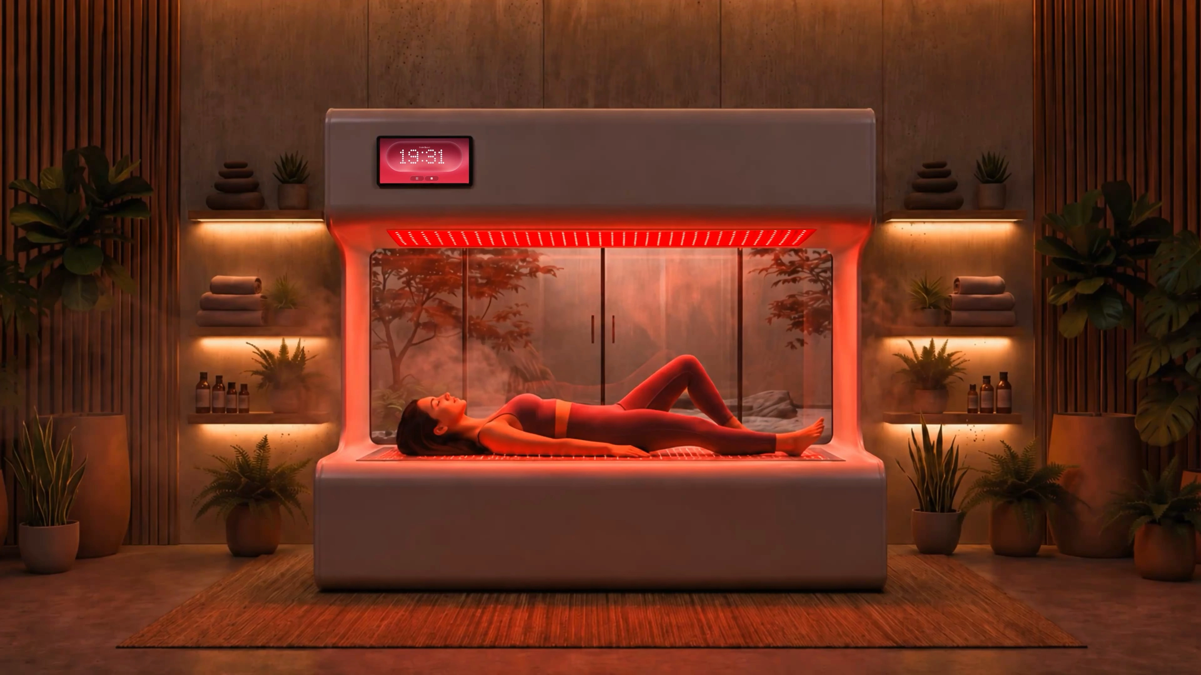 Woman in pink activewear lying inside a futuristic wellness pod with red light and plants around.