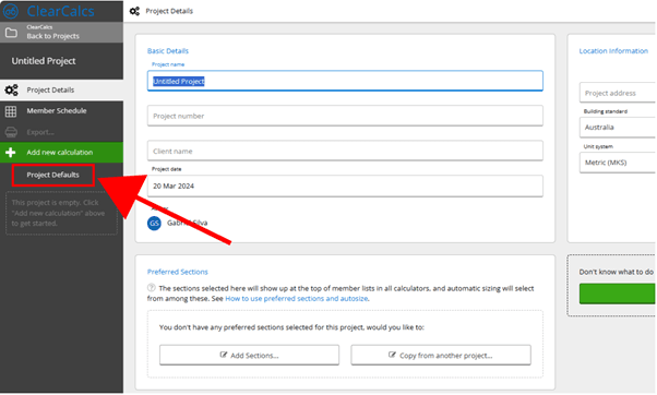 An image showing the location of Project Defaults feature in ClearCalcs