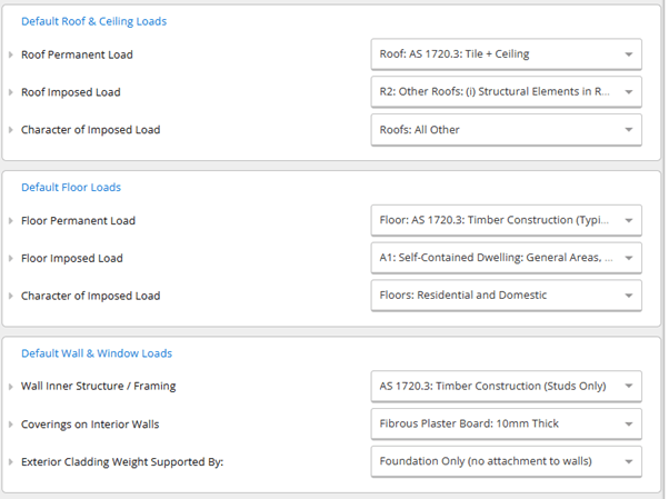 An image showing default roof, ceiling, floor, and wall loads automatically populated in ClearCalcs platform