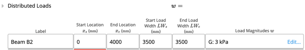 An image showing distributed loads input in ClearCalcs