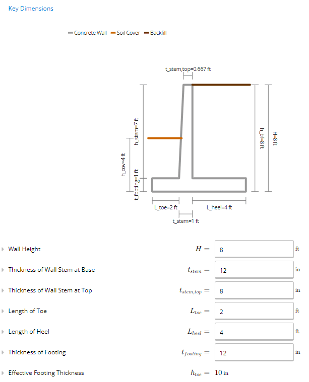 Key parameters input for cantilever retaining wall design in ClearCalcs