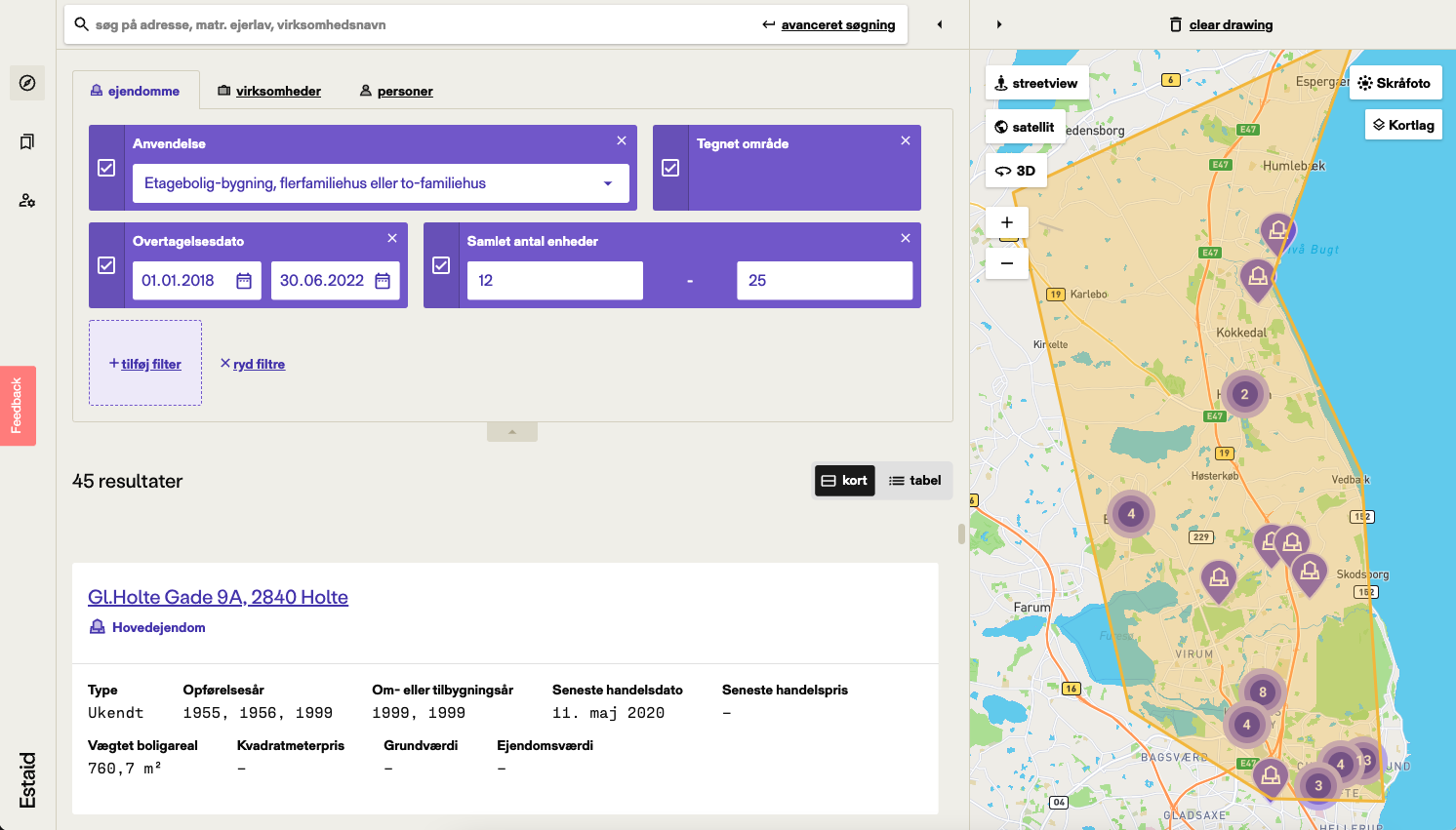 En søgning på etageboliger nord for København med mellem 12-25 enheder