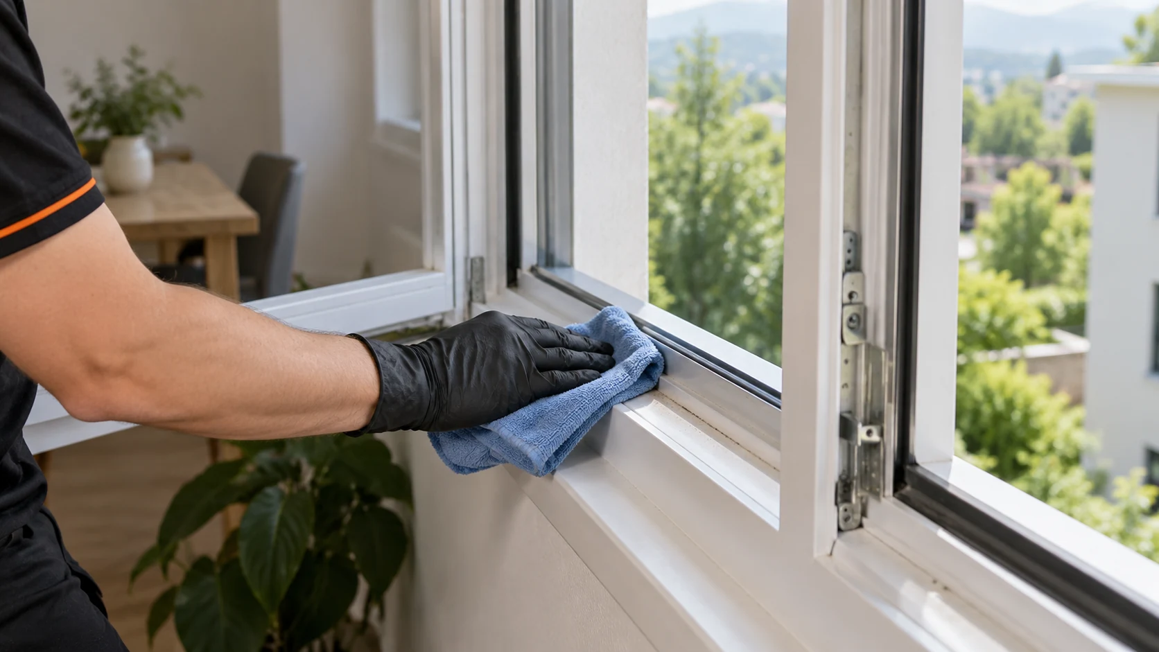 Fenster- und Glasreinigung: Detail – Fensterrahmen und Falz (KI-Symbolbild)