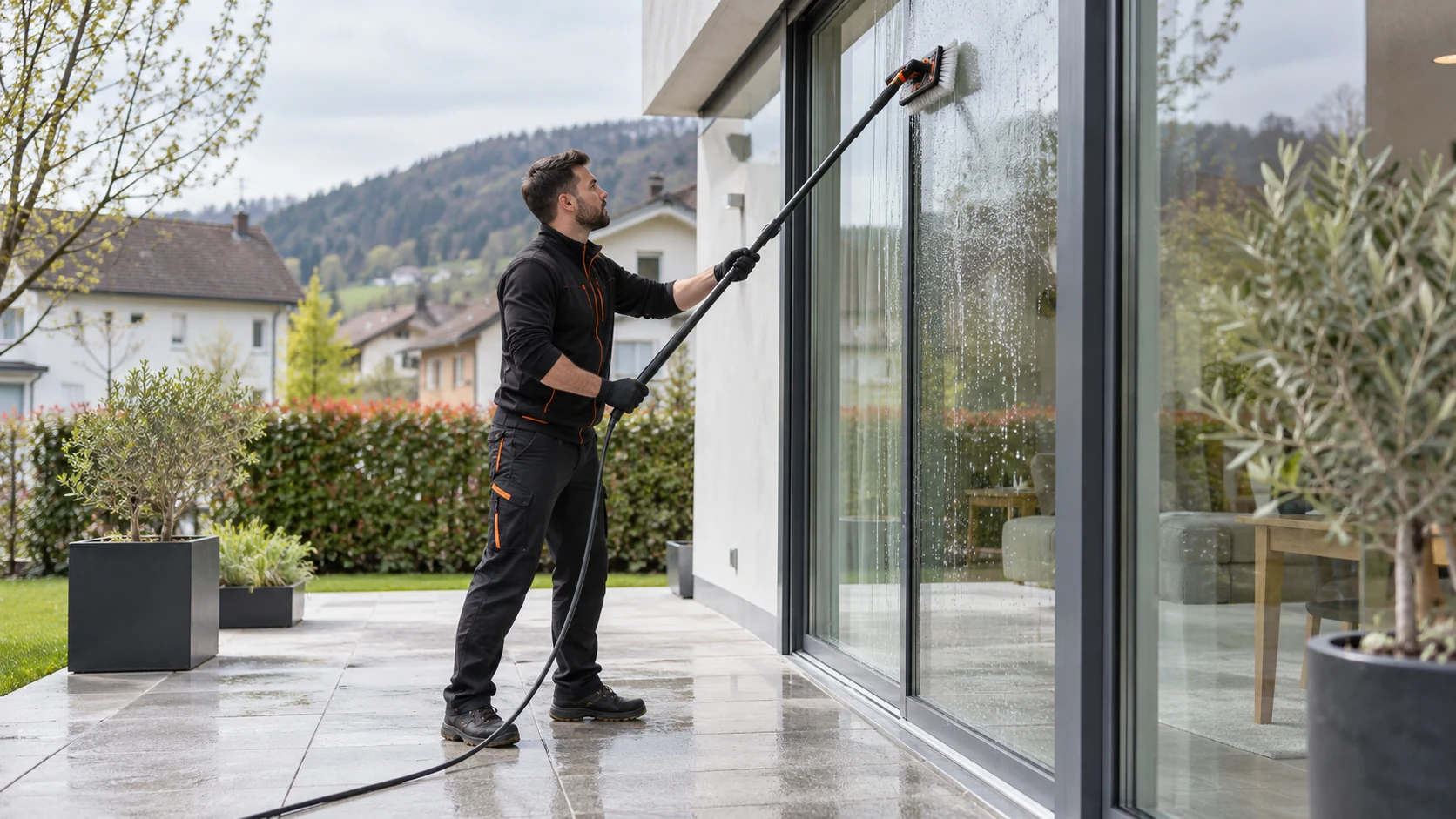 Fenster- und Glasreinigung: Aussenverglasung mit Reinwasserbürste (KI-Symbolbild)