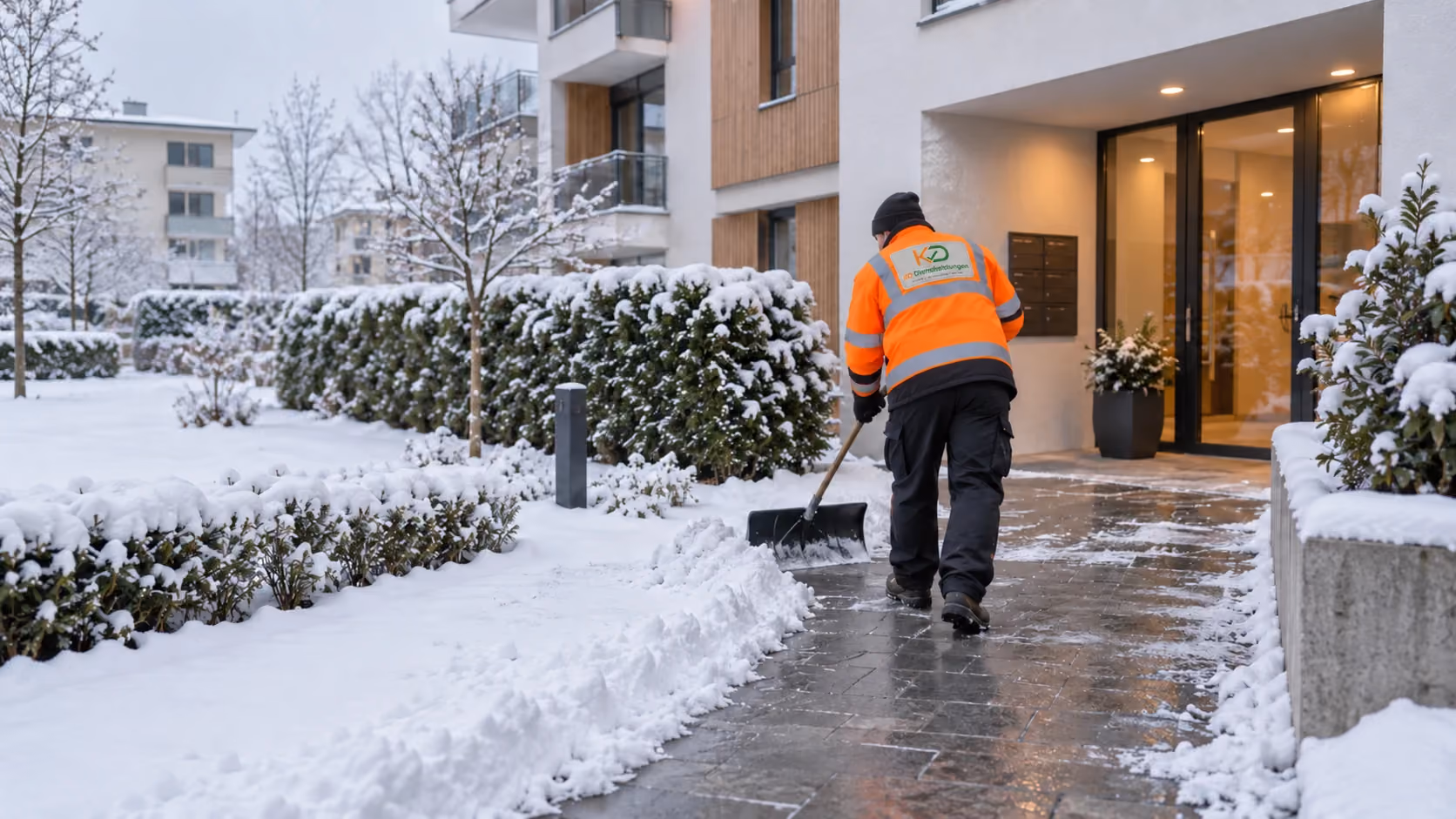 Winterdienst: Schneeräumung am Hauseingang mit KD-Aufnäher (KI-Symbolbild)