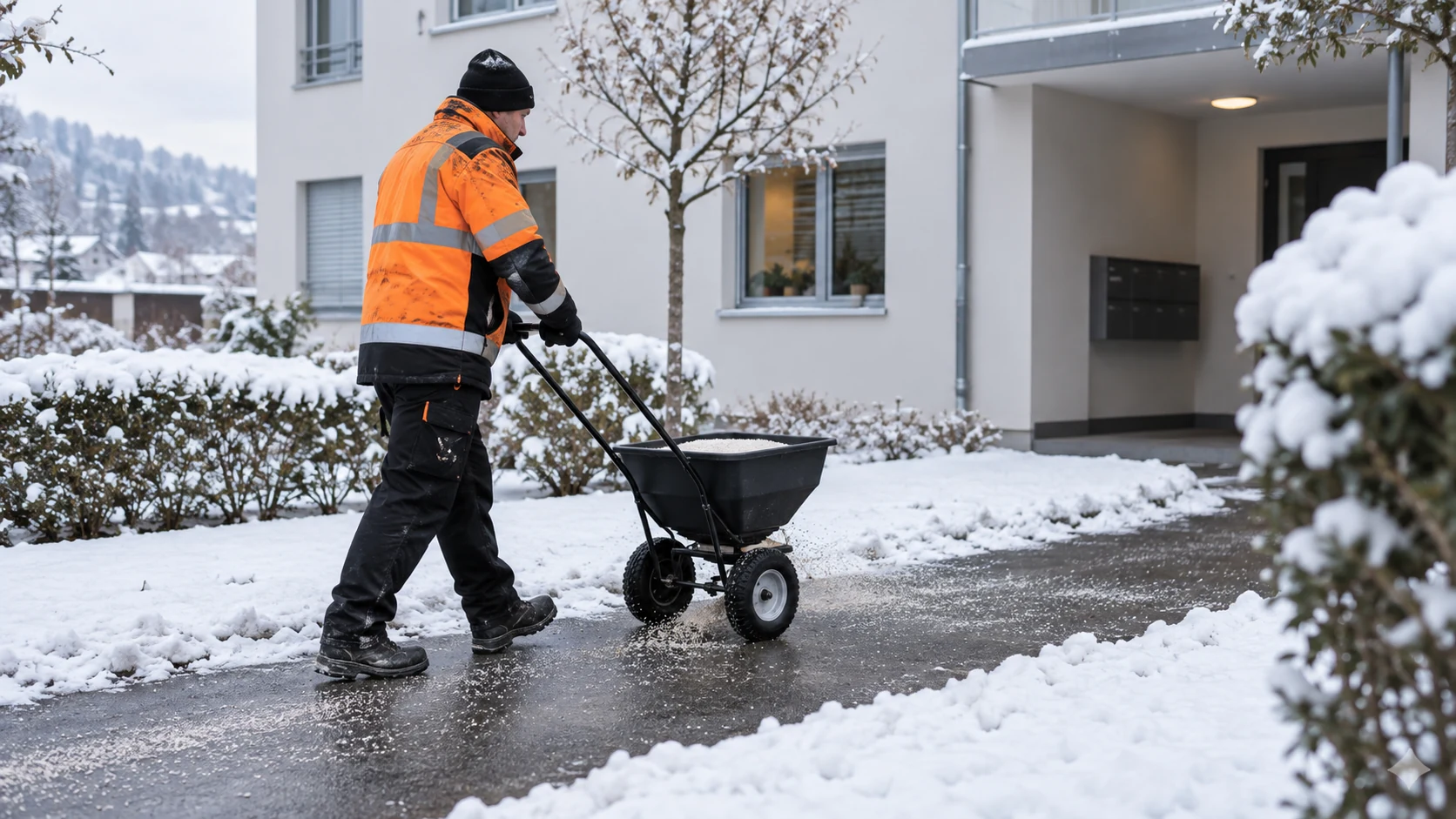 Winterdienst: Streudienst auf geräumten Wegen (KI-Symbolbild)