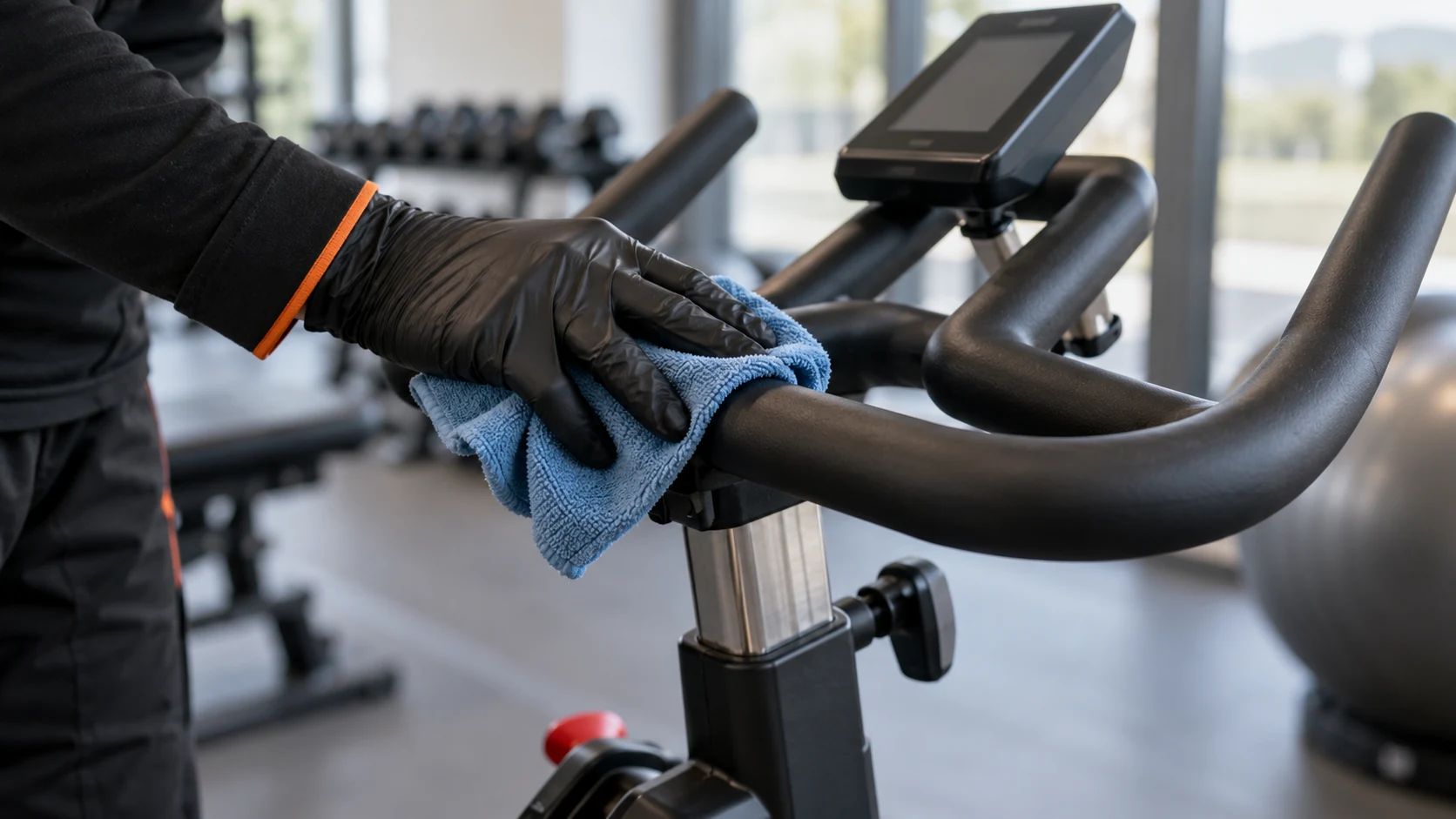 Fitnessstudioreinigung: Kontaktflächen am Trainingsgerät (KI-Symbolbild)