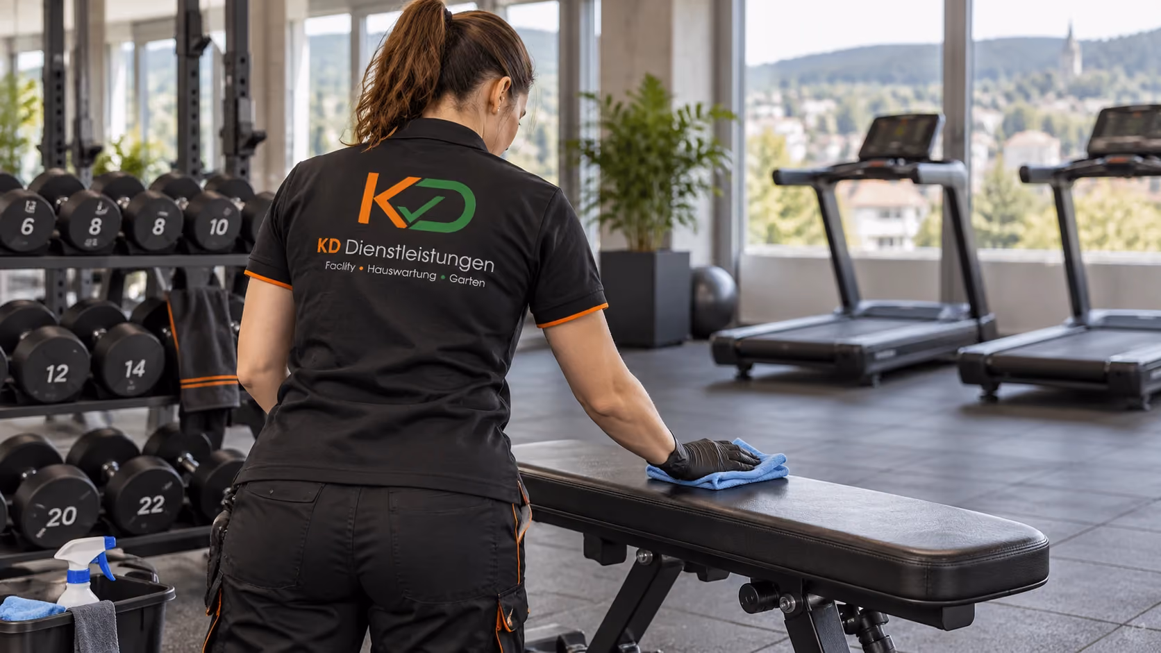 Fitnessstudioreinigung: Trainingsbereich – Gerätepflege mit KD (KI-Symbolbild)