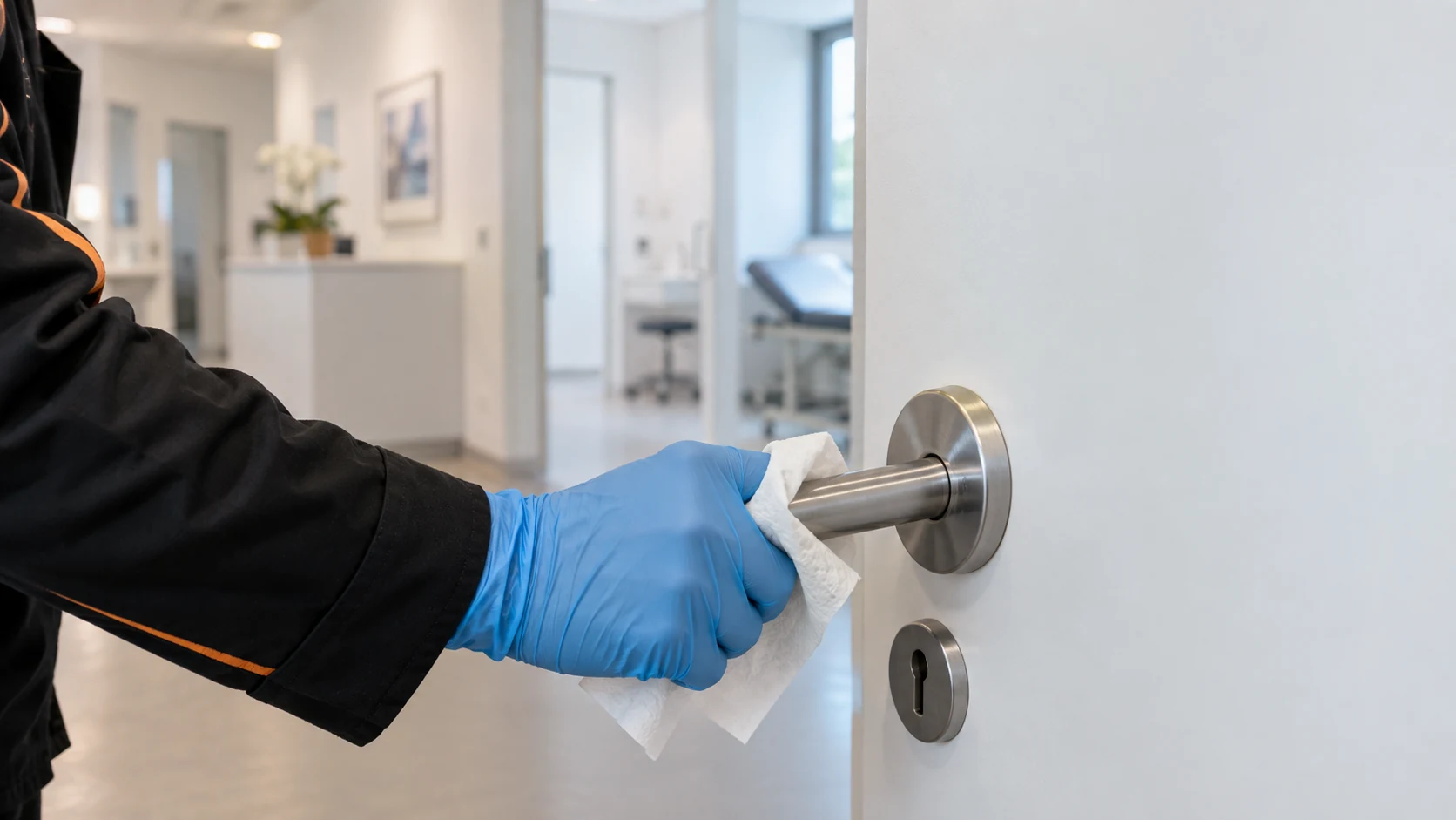 Praxisreinigung: Detail – häufig berührte Türgriffe (KI-Symbolbild)