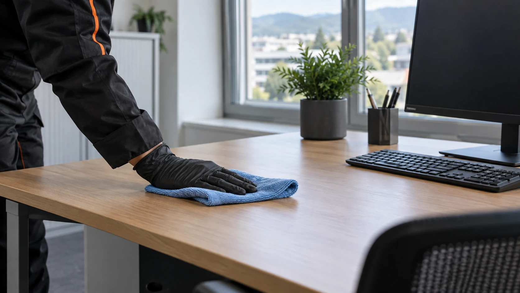 Büroreinigung: Arbeitsplatz – Tischflächen und Ordnung (KI-Symbolbild)