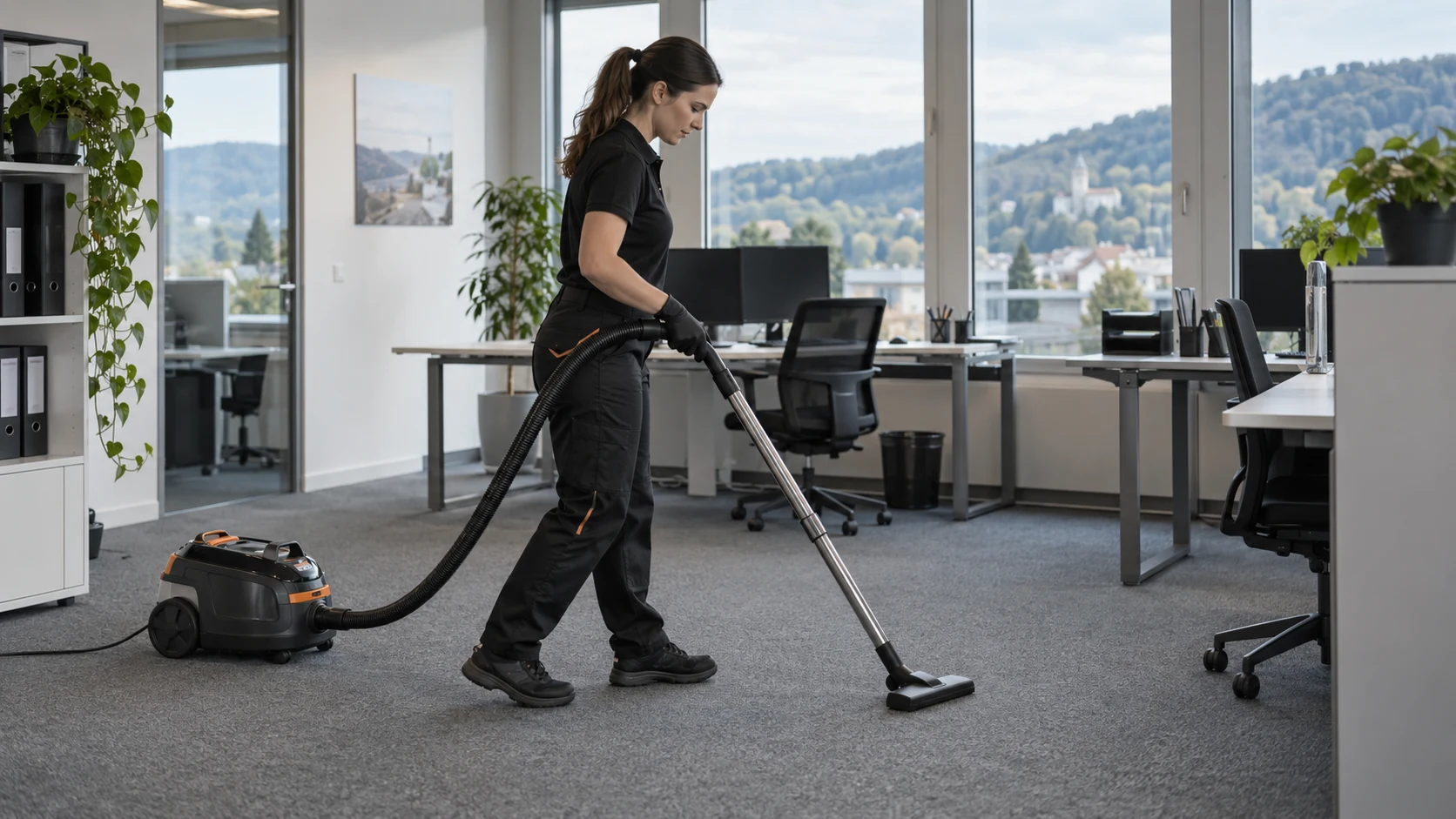 Büroreinigung: Teppichpflege im Büro (KI-Symbolbild)