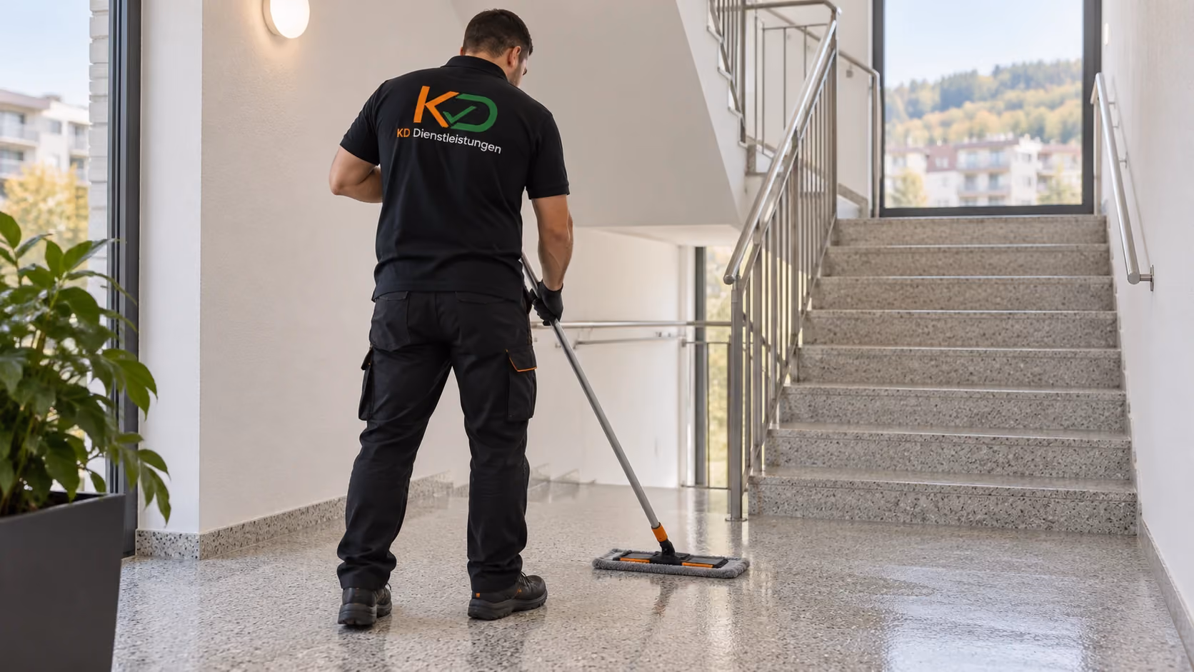 Treppenhausreinigung: Treppenpodest mit KD (KI-Symbolbild)