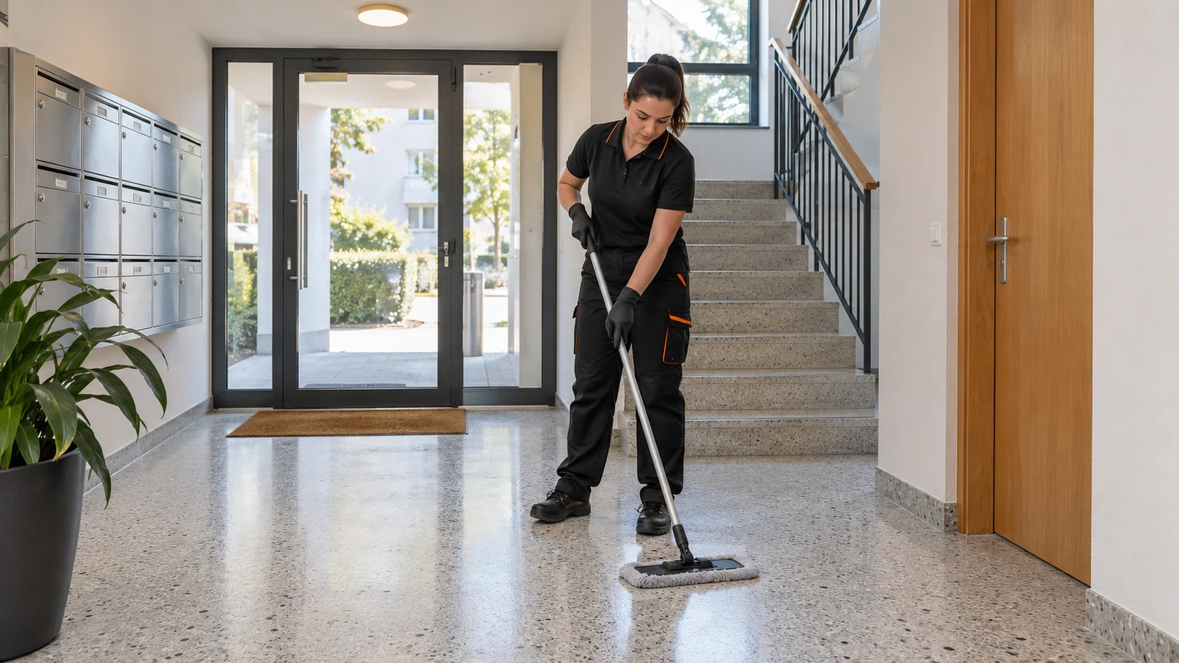 Treppenhausreinigung: Eingangsbereich – gepflegter Empfang (KI-Symbolbild)