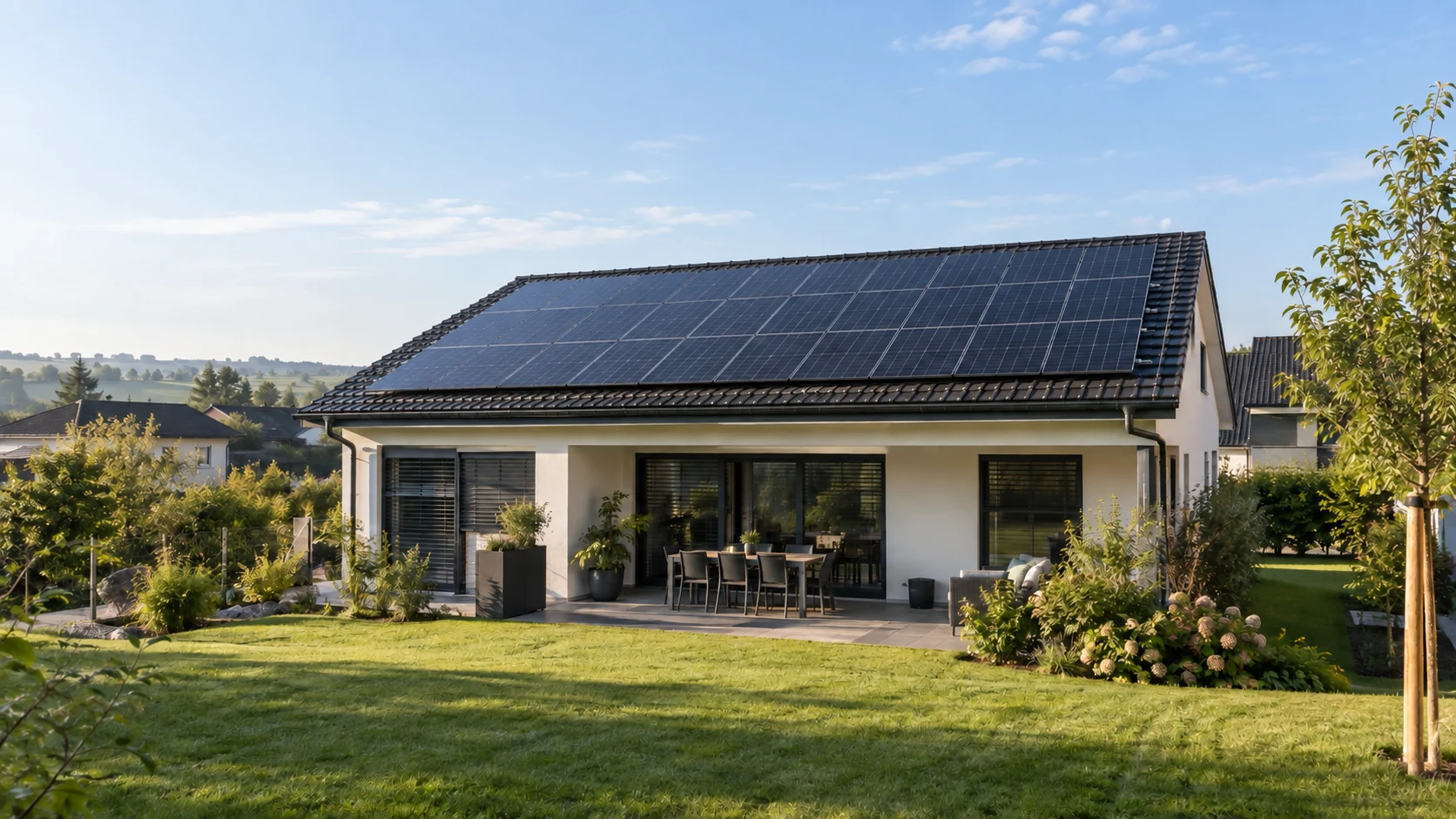 Solaranlagenreinigung: Gepflegte Solaranlage am Wohnhaus (KI-Symbolbild)