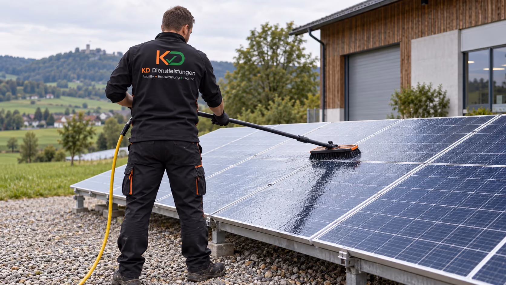 Solaranlagenreinigung: Reinwasserpflege an gut zugänglichen Modulen (KI-Symbolbild)