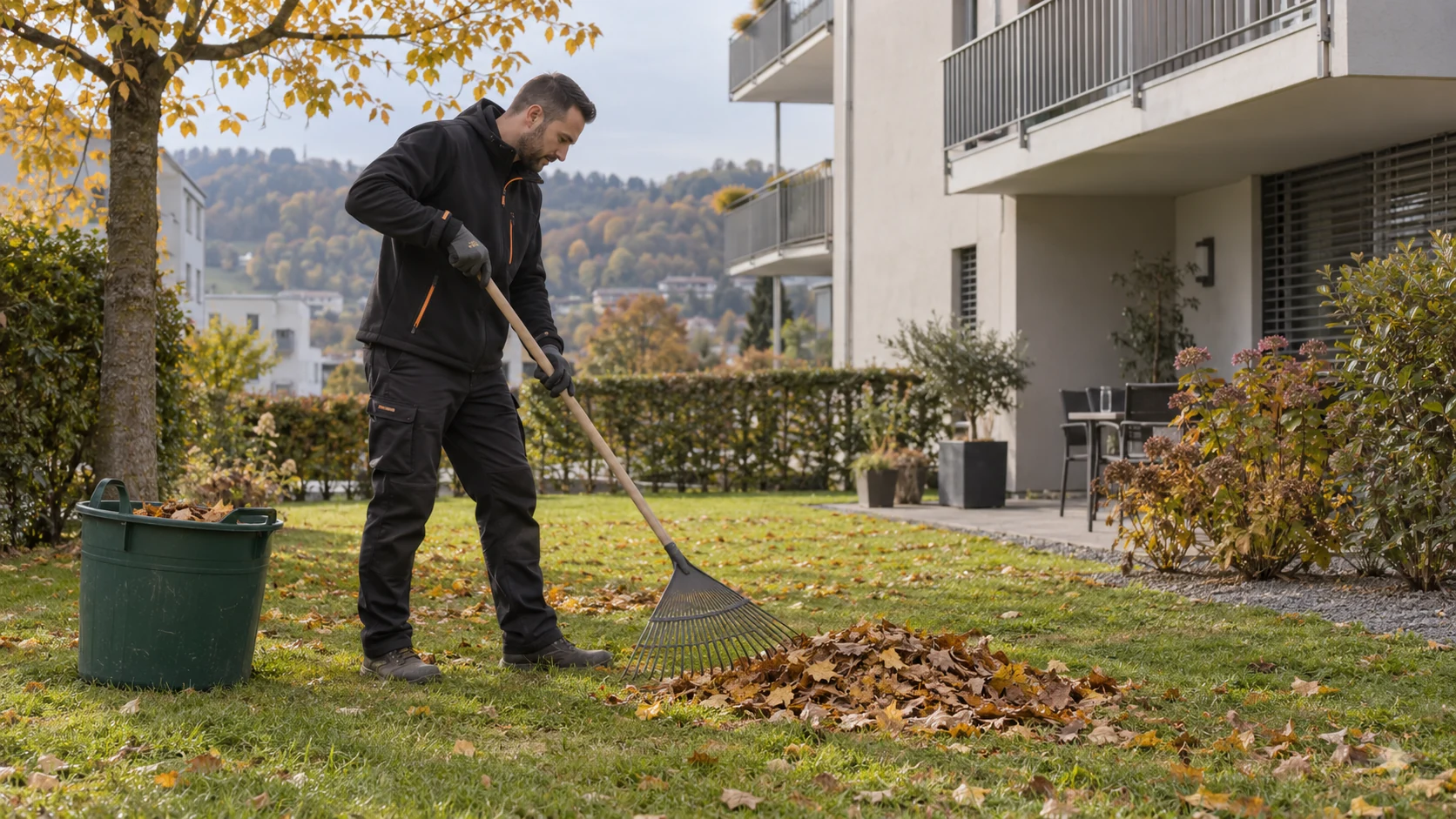 Garten- und Umgebungspflege: Herbstpflege – Laub aufnehmen (KI-Symbolbild)