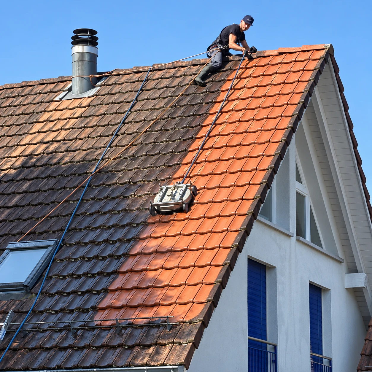 Dachreinigung mit Reinigungsgerät auf einem Ziegeldach