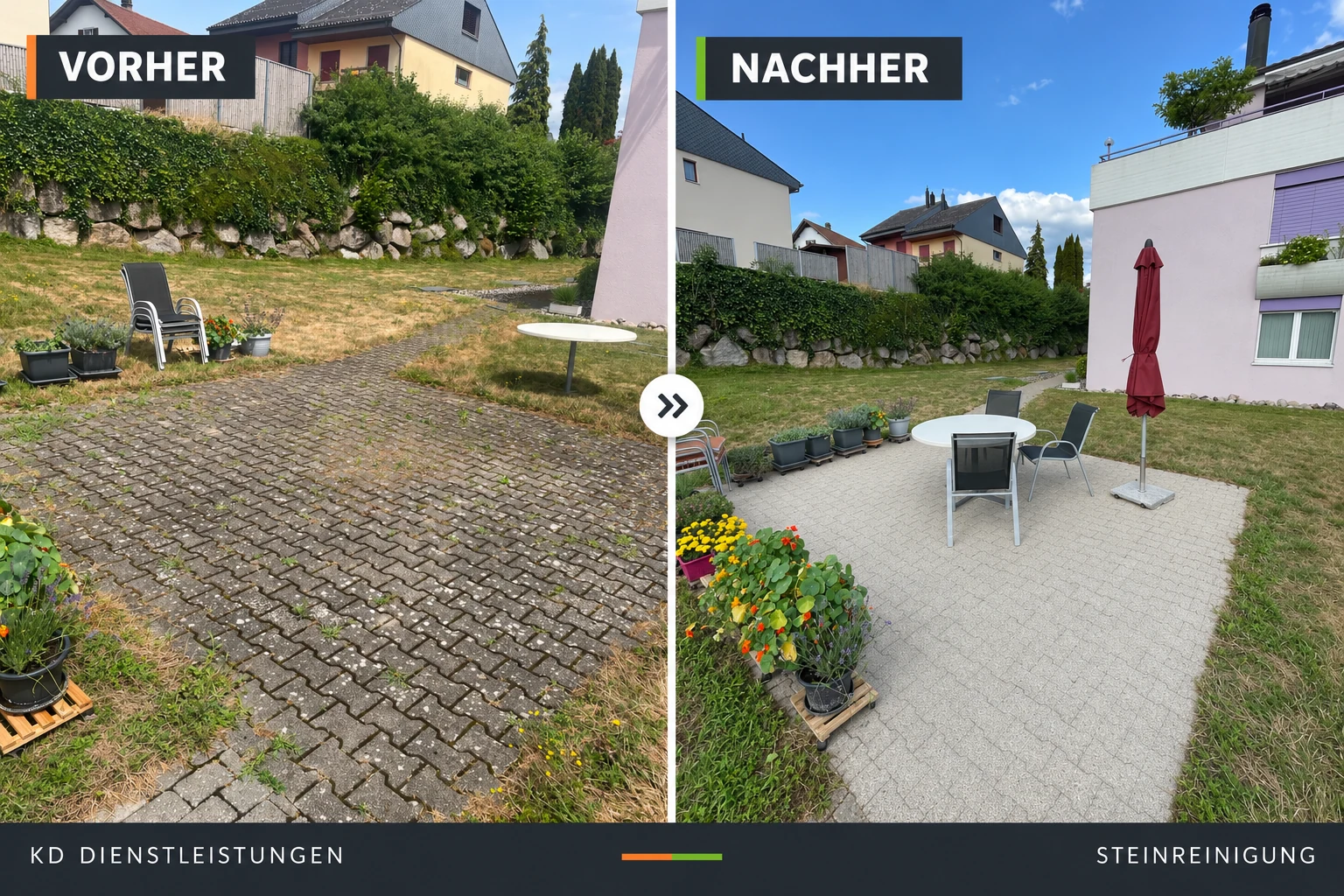 Gartenterrasse: vor und nach der Steinreinigung – KD Dienstleistungen