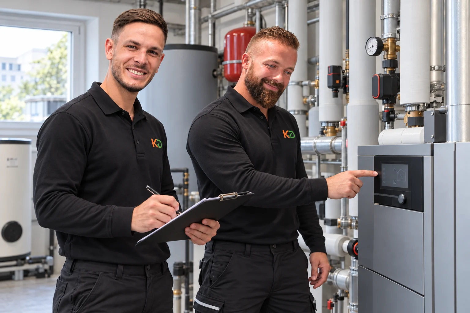 KI-Illustration: Kosta und Erich in langärmliger Arbeitskleidung bei der Haustechnik-Kontrolle