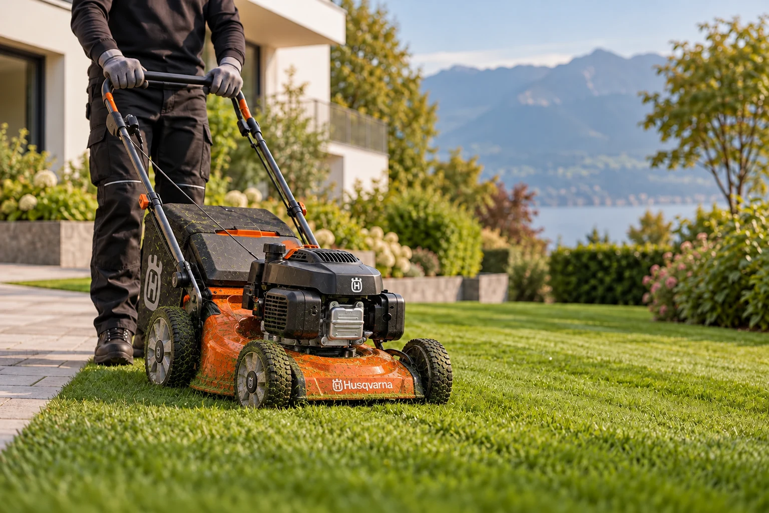 Gartenpflege mit orangefarbenem Husqvarna-Rasenmäher und Gebrauchsspuren – KI-Symbolbild