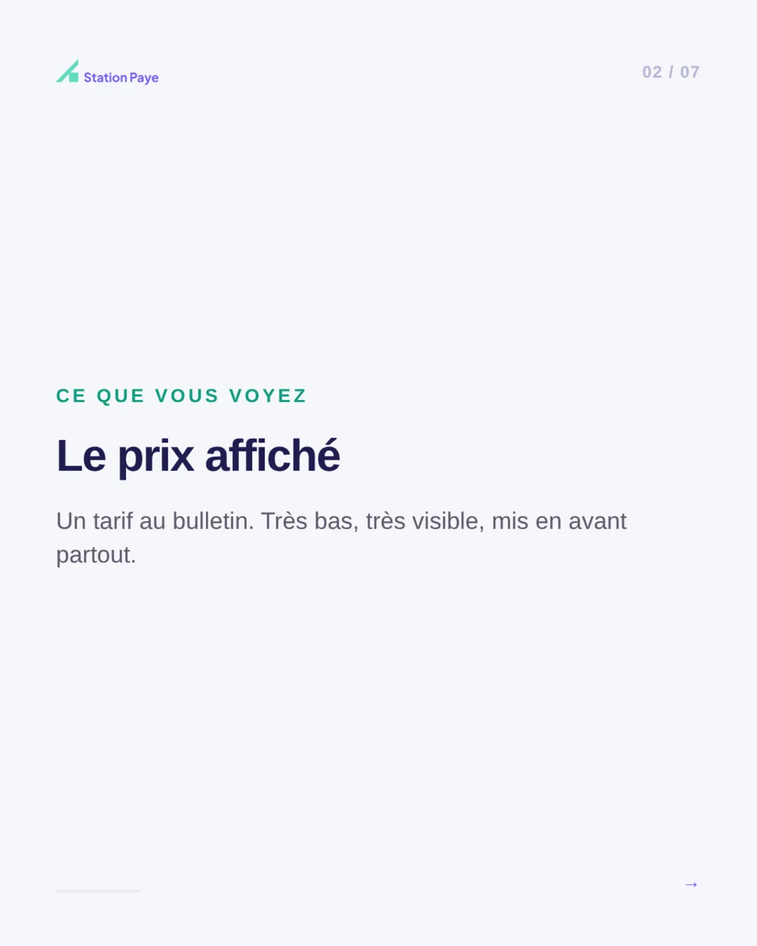 Slide 2 sur 7 : le prix affiché, un tarif au bulletin très bas et très visible, mis en avant partout.